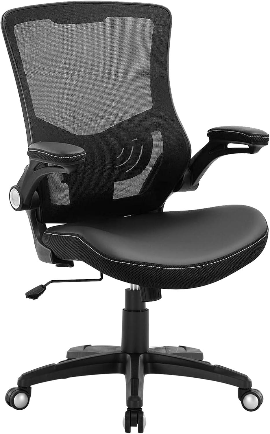 Black Ergonomic Mesh and Leather Executive Swivel Chair with Adjustable Arms