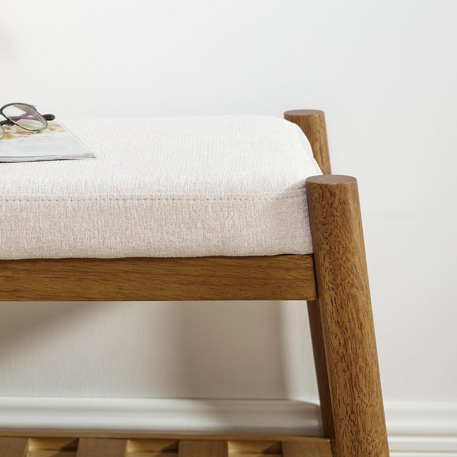 Upholstered Entryway Bench, Bedroom Bench for End of Bed, Dining Bench with Padded Seat for Kitchen, Living Room, Fabric Rubber Wood Indoor Bench (Beige)