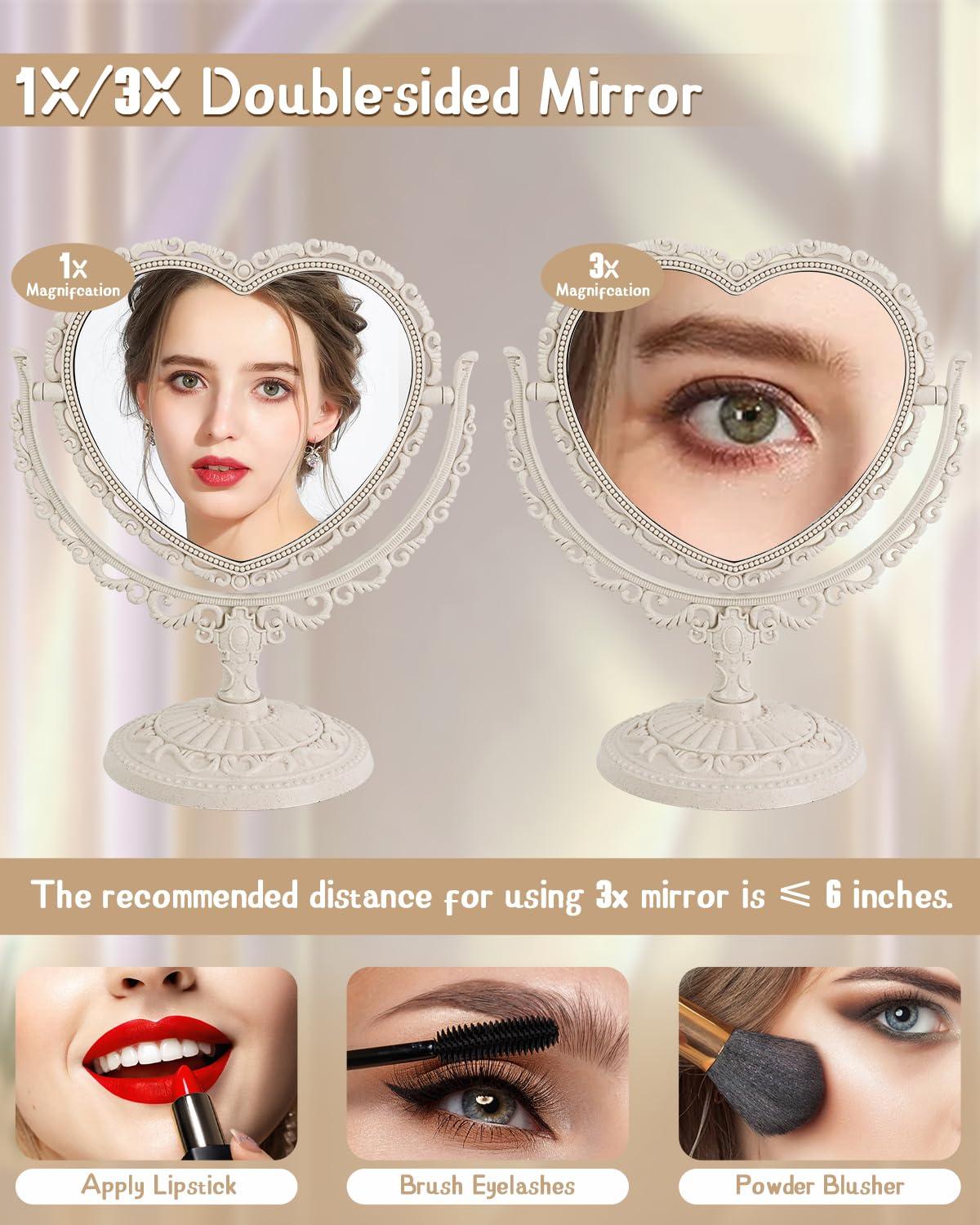 D&XQAUO Vintage Heart Mirror for Desk Cute Coquette Room Decor Small Mirror with Stand,Vanity & Bathroom Double-Sided Rotating Makeup Table Mirror