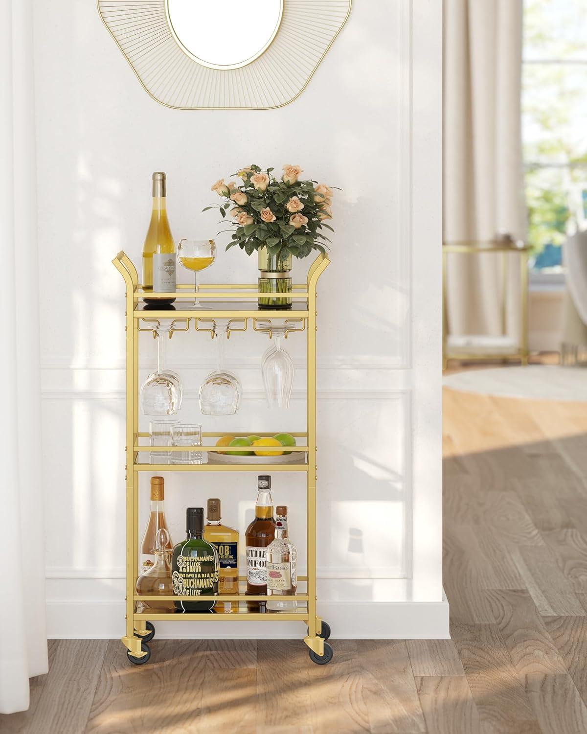 Pale Gold 3-Tier Bar Cart with Mirrored Glass Shelves