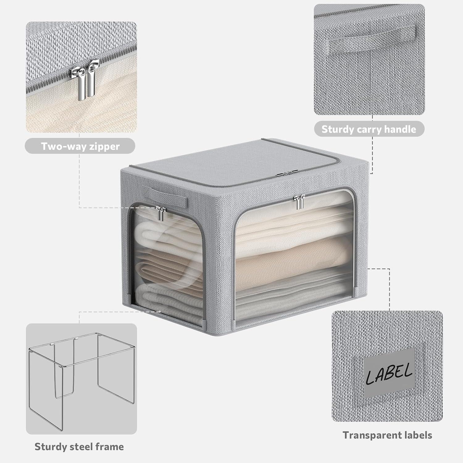 3 Openings Clothes Storage Bins with Metal Frame, Foldable Storage Bin for Clothes, Clothing Storage Bins with Lid, Linen Storage Box With Clear Window＆ Zippers＆ Durable Handles.(3 Pcs,Light Grey,40L)