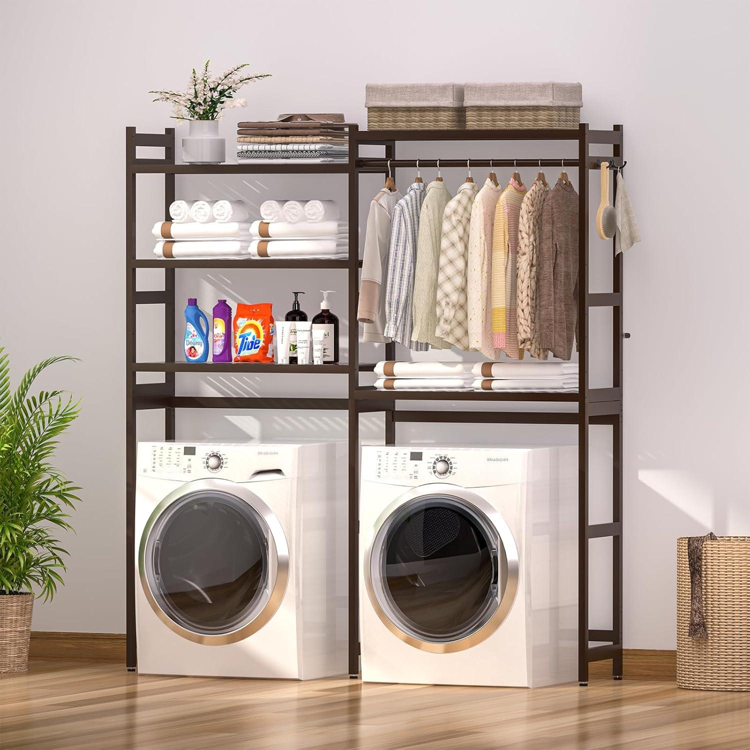 Brown Bamboo Over Washer and Dryer Storage Rack with Adjustable Shelves