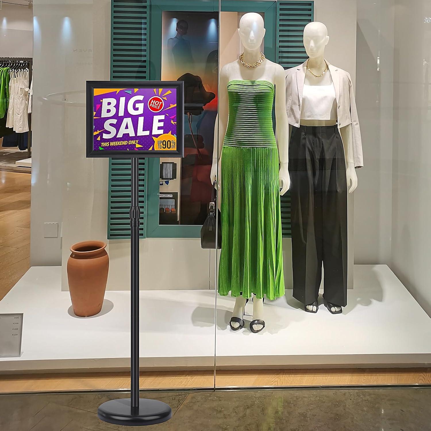 Adjustable Sign Holder Stand 8.5x11 inch,Pedestal Floor Signage Standing Holder with Heavy Duty Base, Aluminum Snap Open Frame Display for Business Restaurant, Mall,Schools-1 Pack