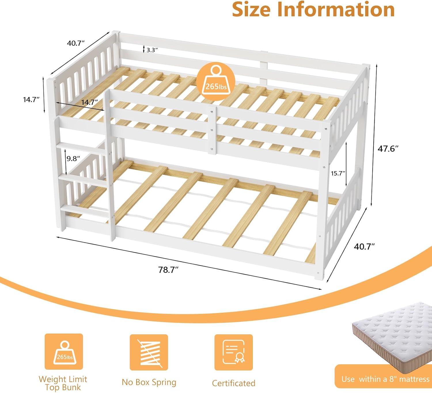 JOYMOR Wood Low Twin Over Twin Bunk Bed for Kids/Toddlers/Junior, Bunk Bed Frame with Guardrails & Ladder for Boys Girls, No Box Spring Needed, White