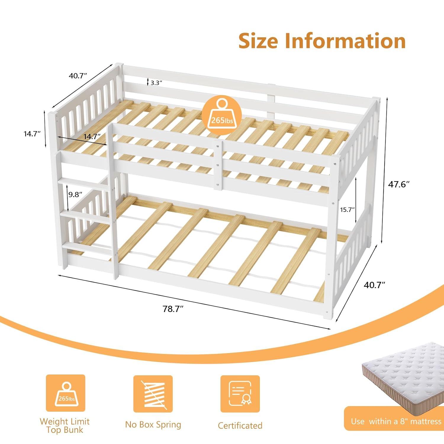 JOYMOR Wood Low Twin Over Twin Bunk Bed for Kids/Toddlers/Junior, Bunk Bed Frame with Guardrails & Ladder for Boys Girls, No Box Spring Needed, White