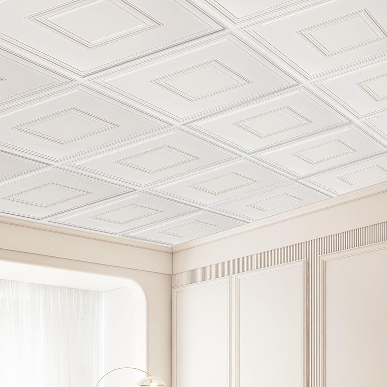 White 24x24 PVC 3D Textured Ceiling Tiles, 12-Pack