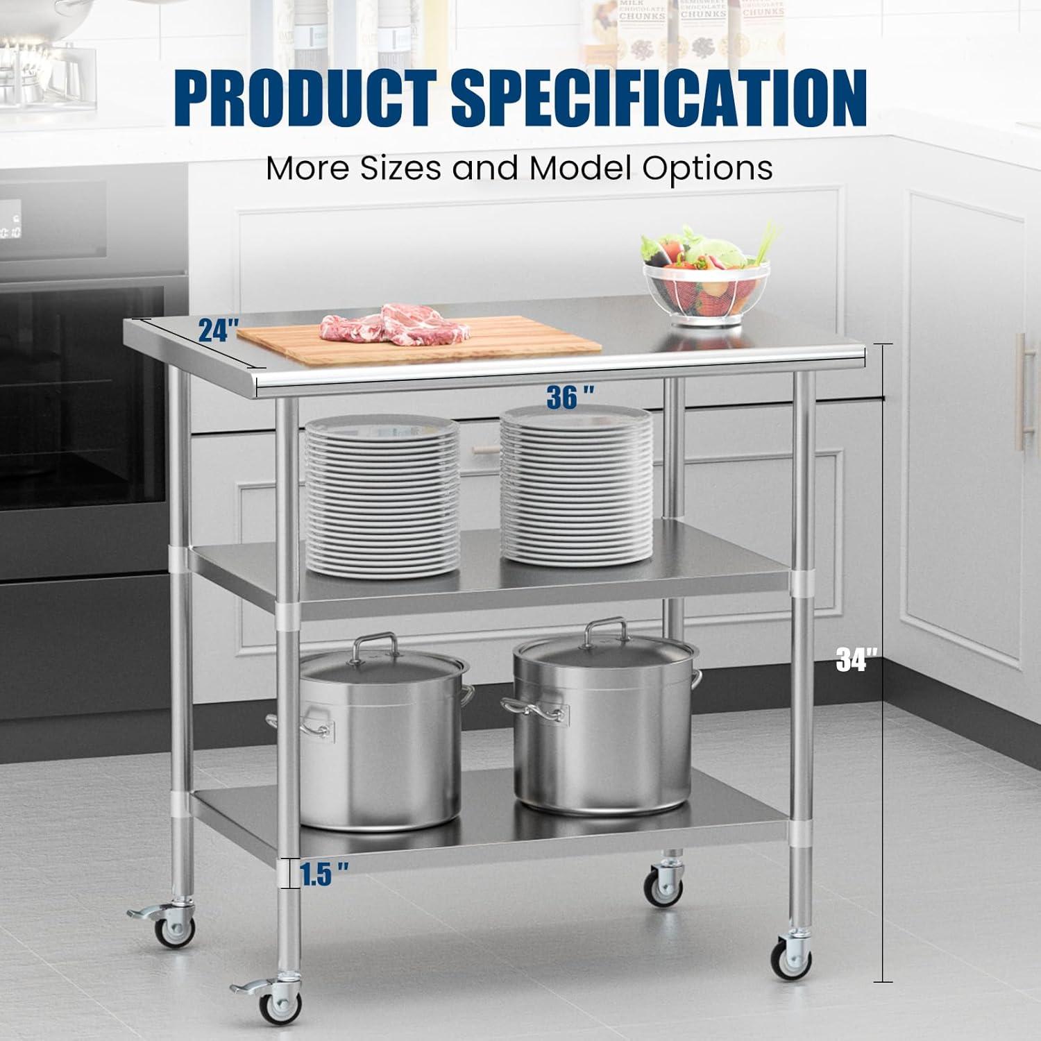 Sakiyr Stainless Steel Work Table, Heavy Duty Commercial Food Prep Table with Undershelf for Home Kitchen