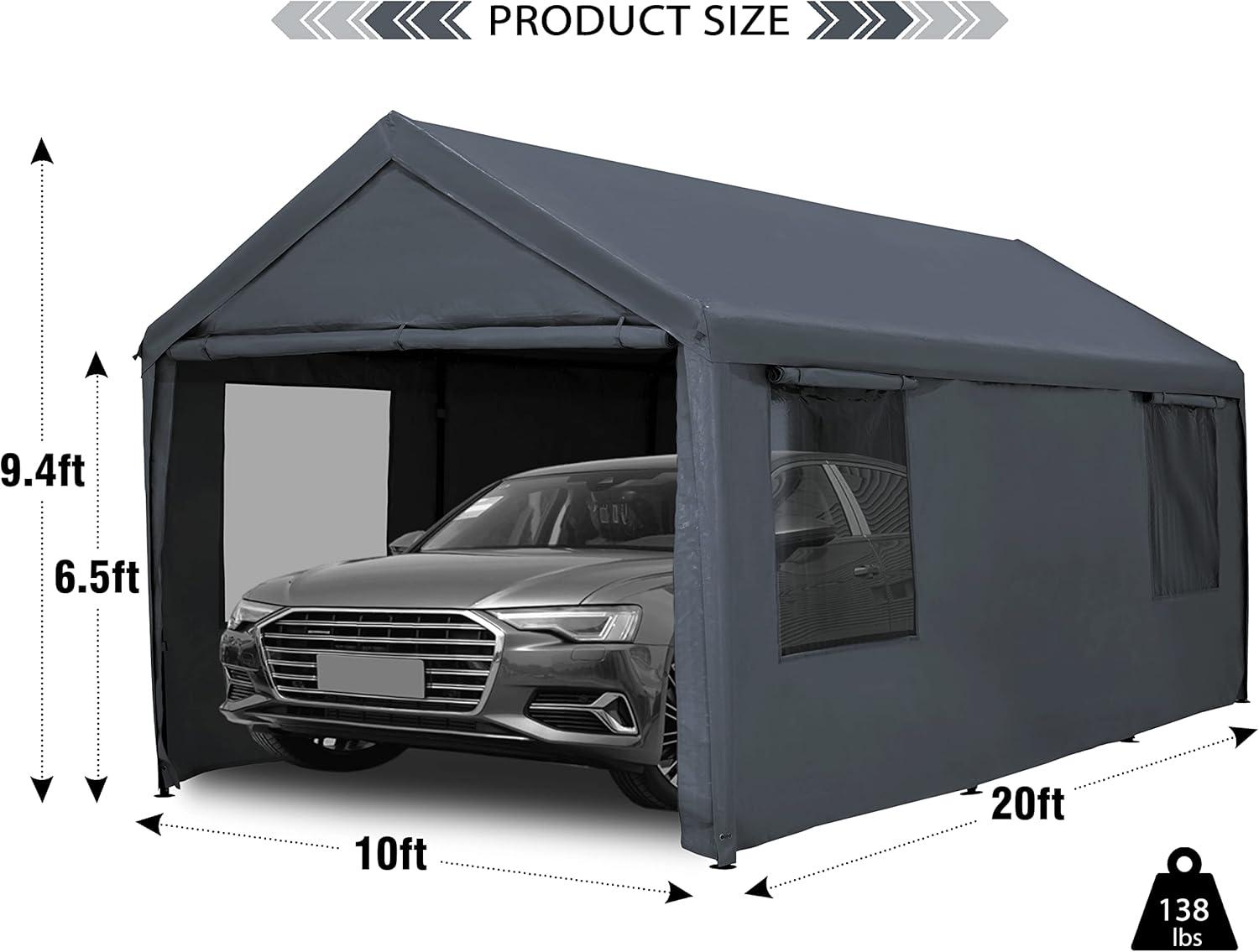 Gray 12' x 20' Portable Carport with Windows and Removable Sidewalls