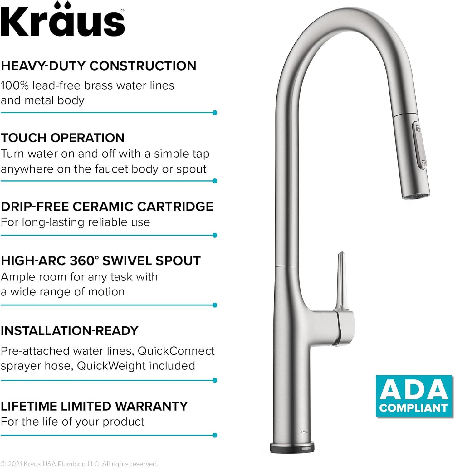 Kraus OlettoTall Modern Single-HandleTouch Kitchen Sink Faucet with Pull Down Sprayer in Spot Free Stainless Steel