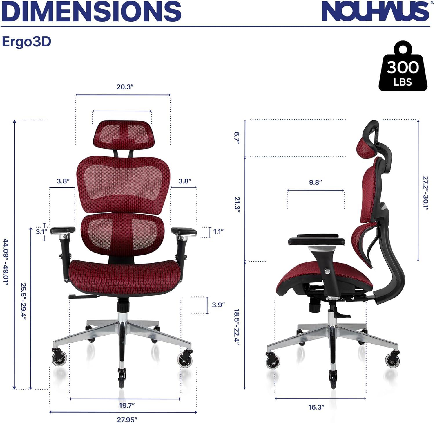 Nouhaus Ergo3D Ergonomic Office Chair Lumbar Support Mesh Office Chair with 4D Adjustable Armrest, Adjustable Headrest and Wheels, Mesh High Back Home Office Desk Chairs(Burgundy)