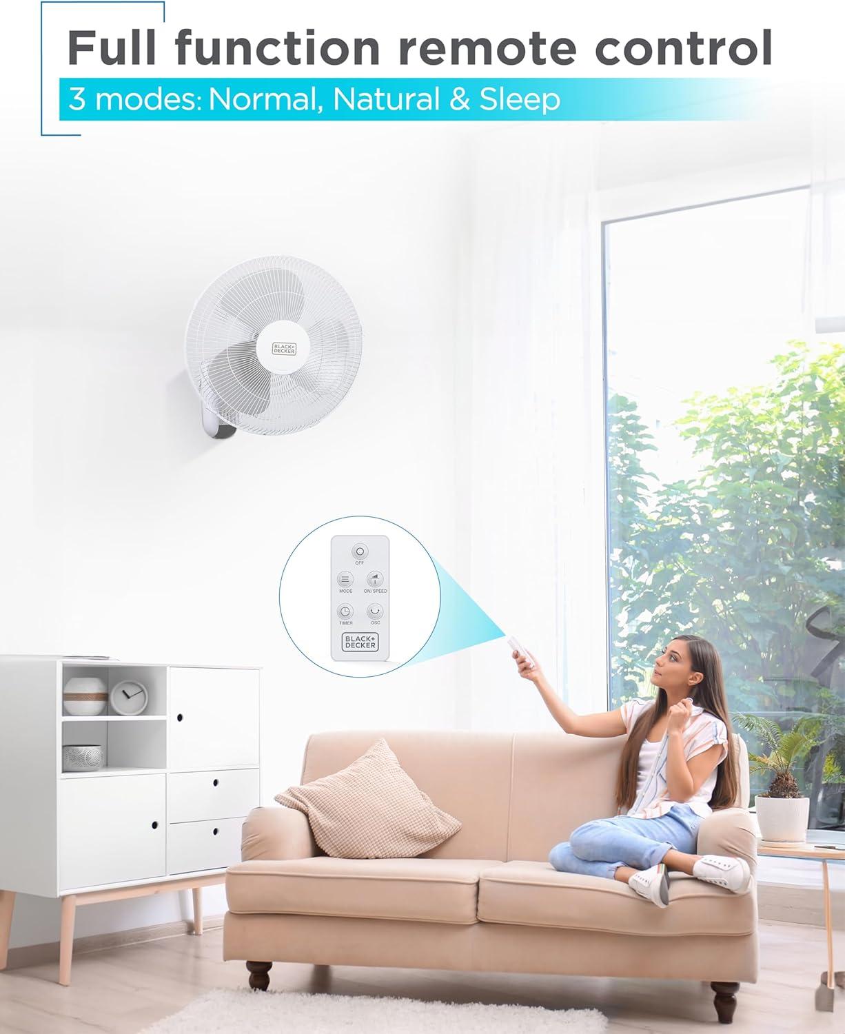 BLACK+DECKER BFP Series BLACK+DECKER 16" Wall Fan with Remote Control, Oscillating Fan with 3 Speed Settings