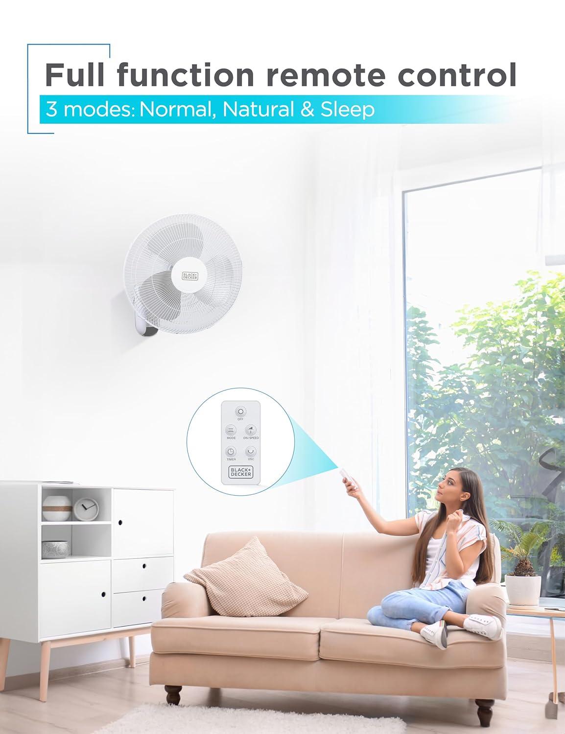 BLACK+DECKER BFP Series BLACK+DECKER 16" Wall Fan with Remote Control, Oscillating Fan with 3 Speed Settings