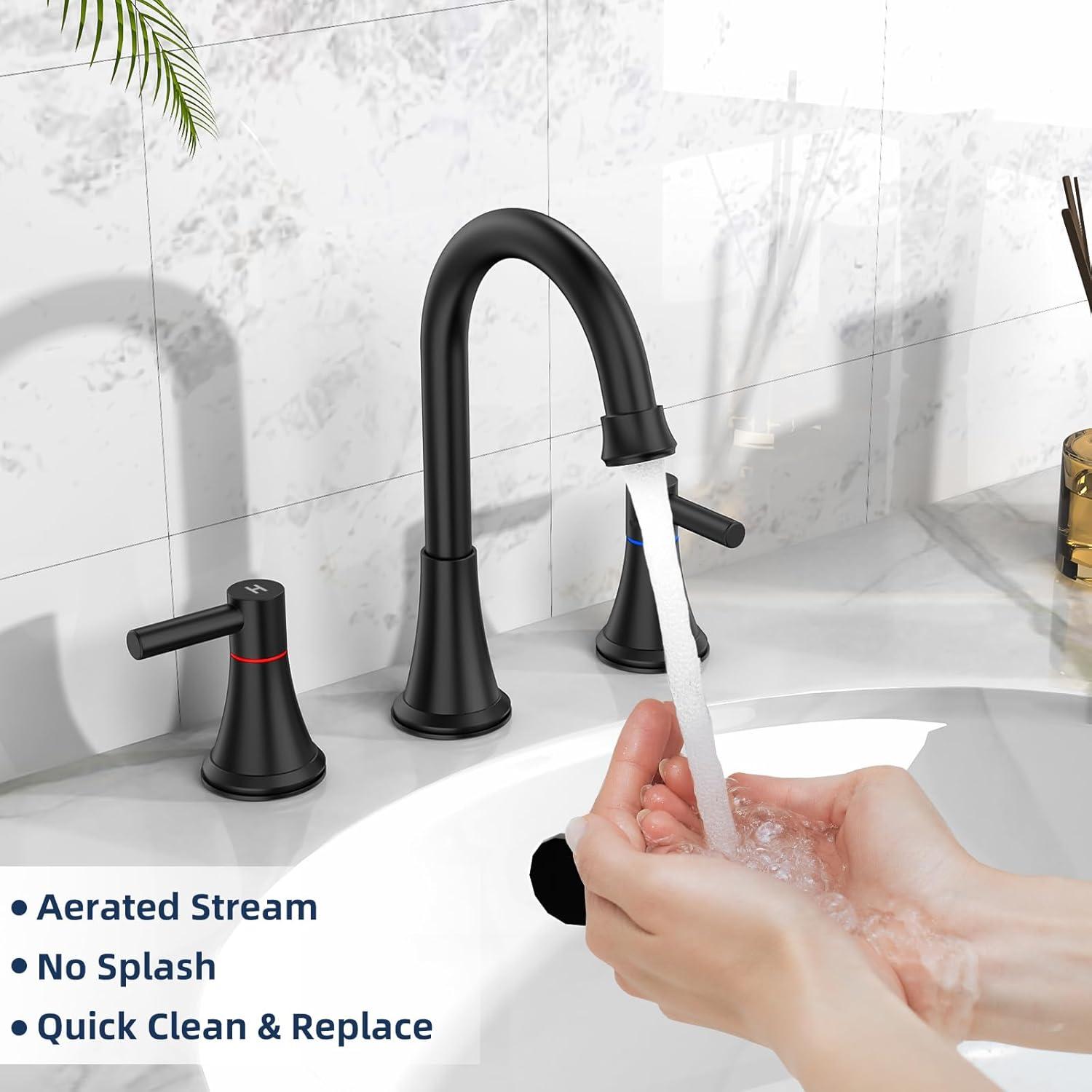 Matte Black 8 Inch Widespread Bathroom Faucet with Pop-Up Drain