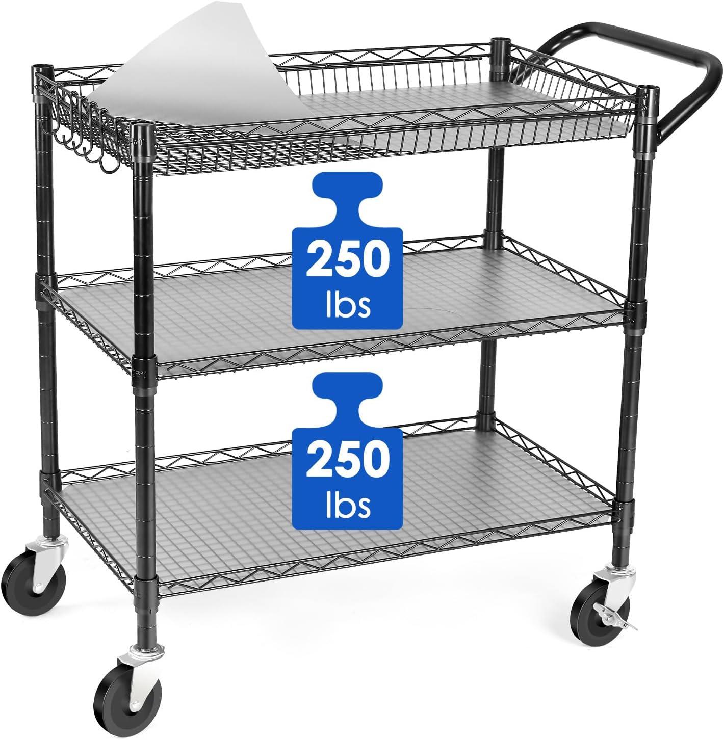 Heavy Duty 3 Tier Rolling Utility Cart Kitchen Cart on Wheels Metal Serving Cart Commercial Grade with Wire Shelving and Handle Bar for Kitchen Office Hardware