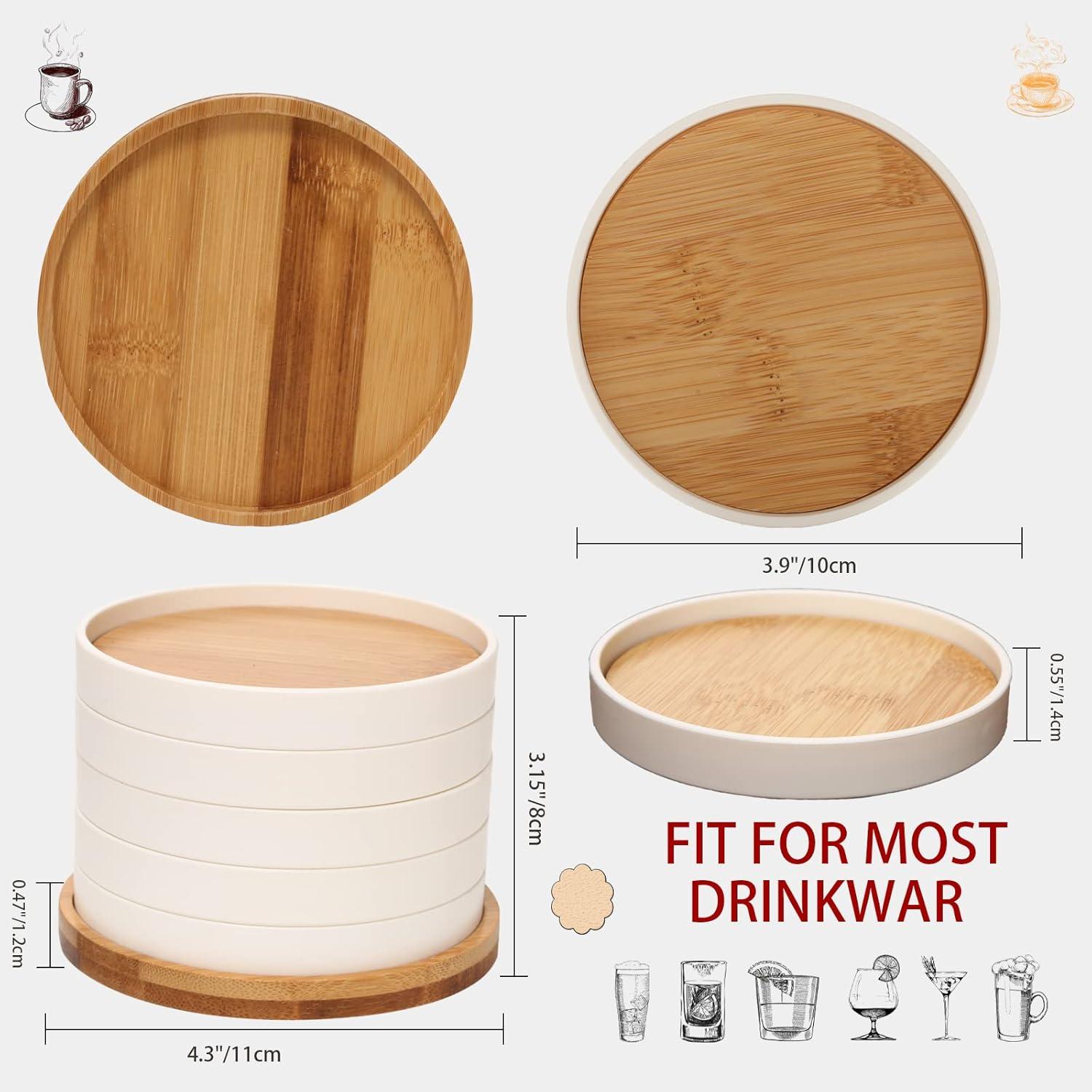 Natural Bamboo and White Resin Drink Coasters Set with Holder