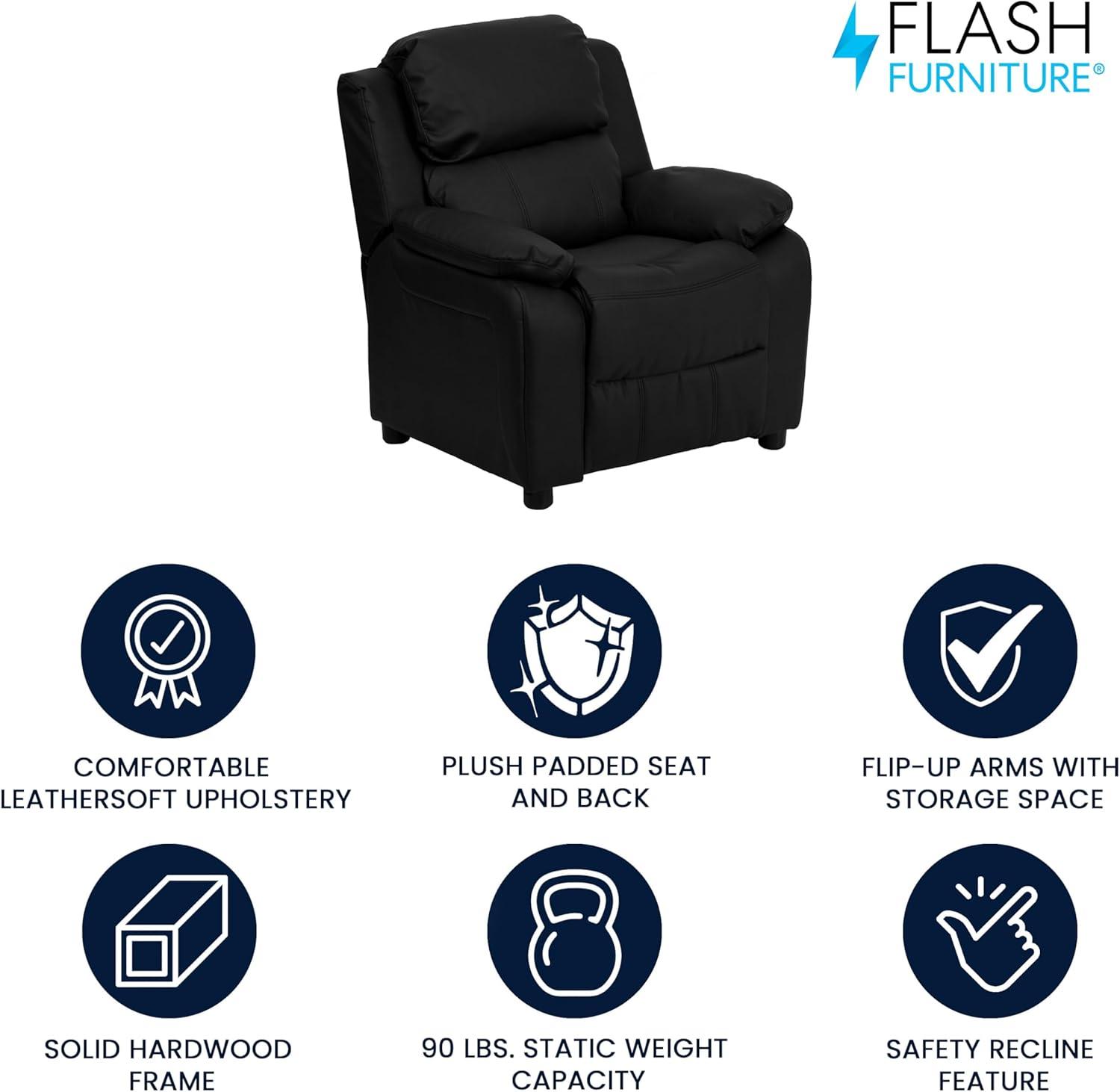 Flash Furniture Charlie Deluxe Padded Contemporary Black LeatherSoft Kids Recliner with Storage Arms
