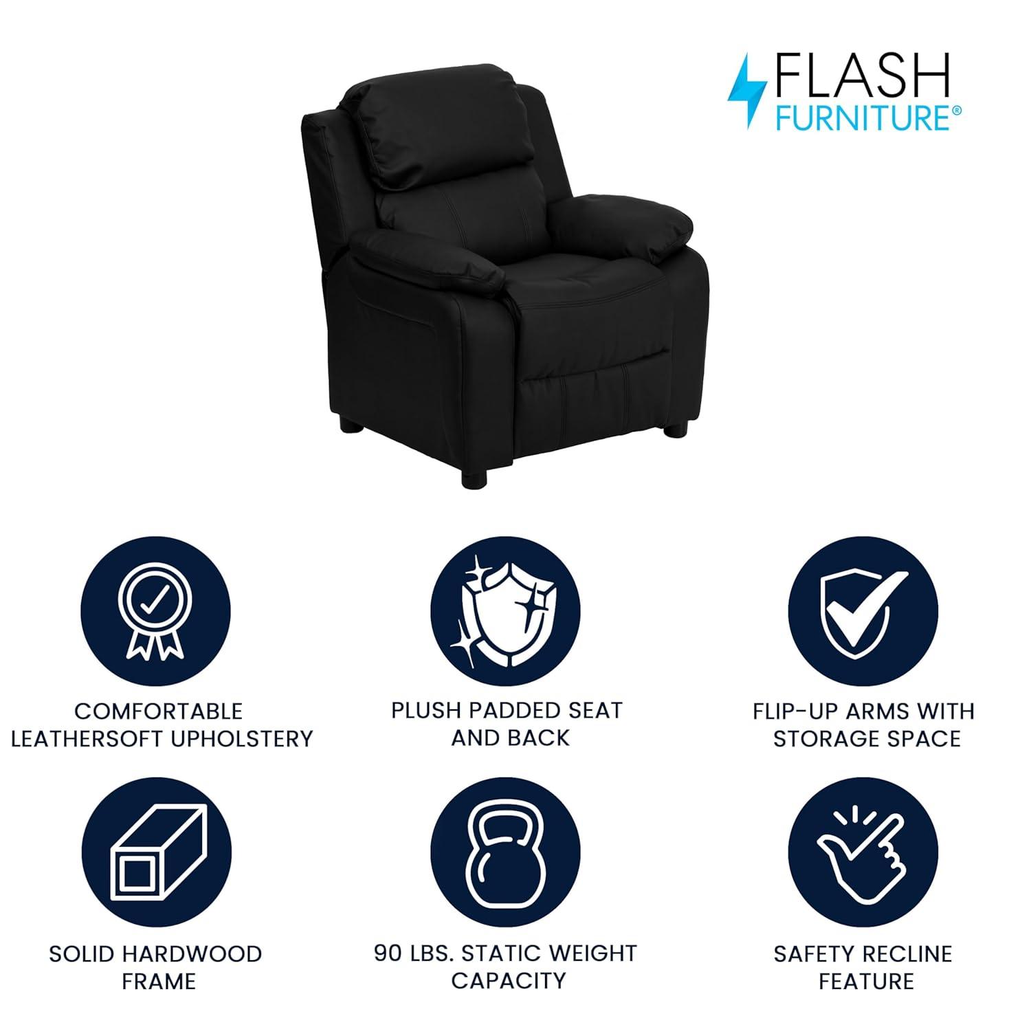 Flash Furniture Charlie Deluxe Padded Contemporary Black LeatherSoft Kids Recliner with Storage Arms
