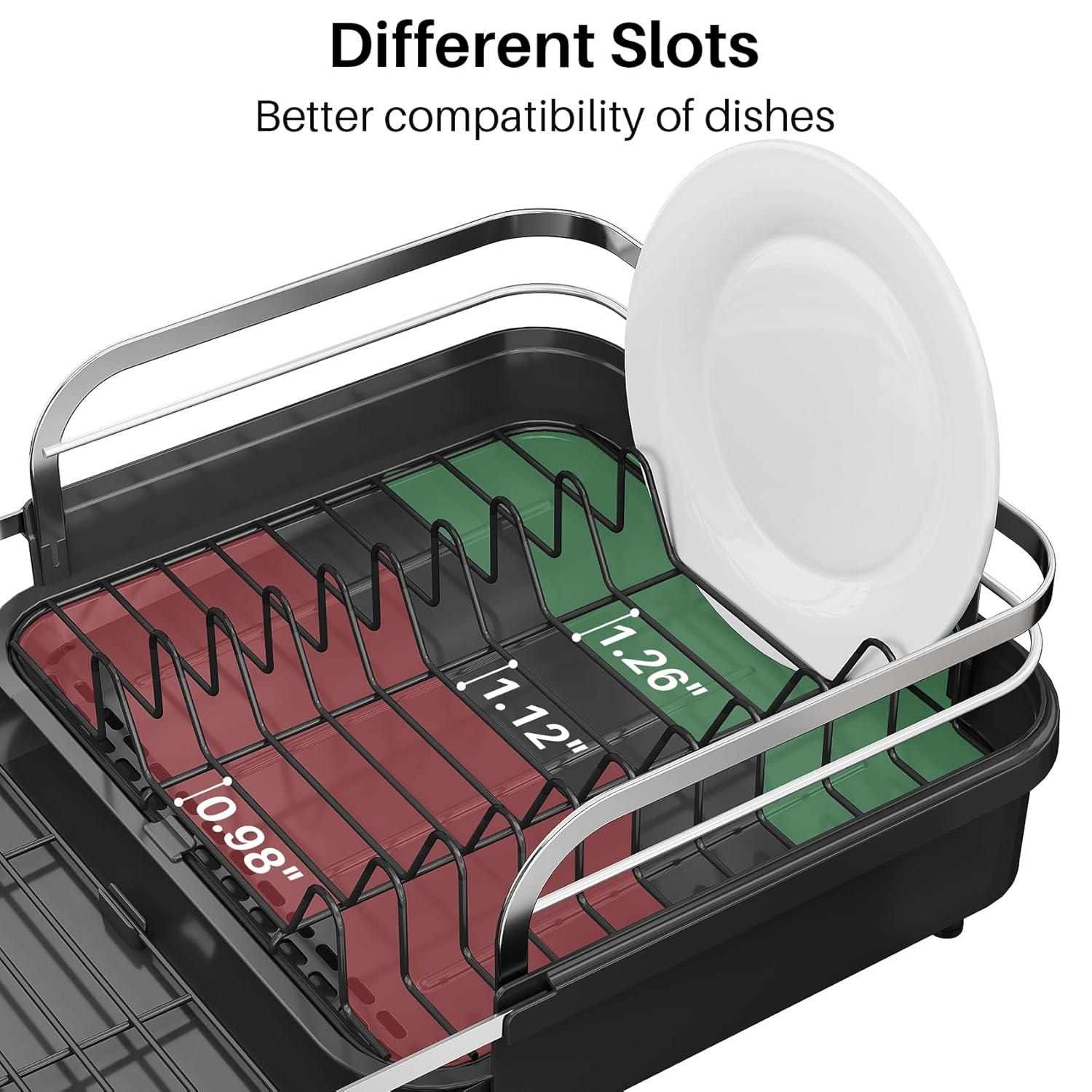 Fabhob Expandable Dish Rack for Kitchen Counter, Stainless Steel Dish Drainer with Drainboard Set and Utensil Holder