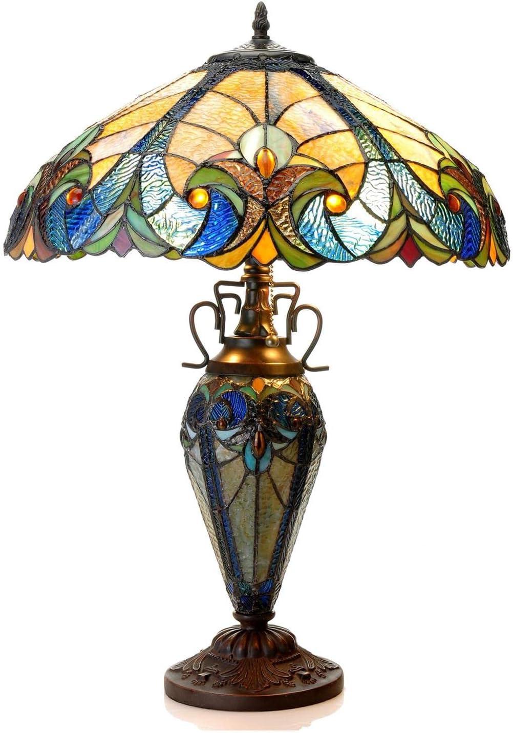 Victorian Double-Lit 18" Bronze Stained Glass Table Lamp