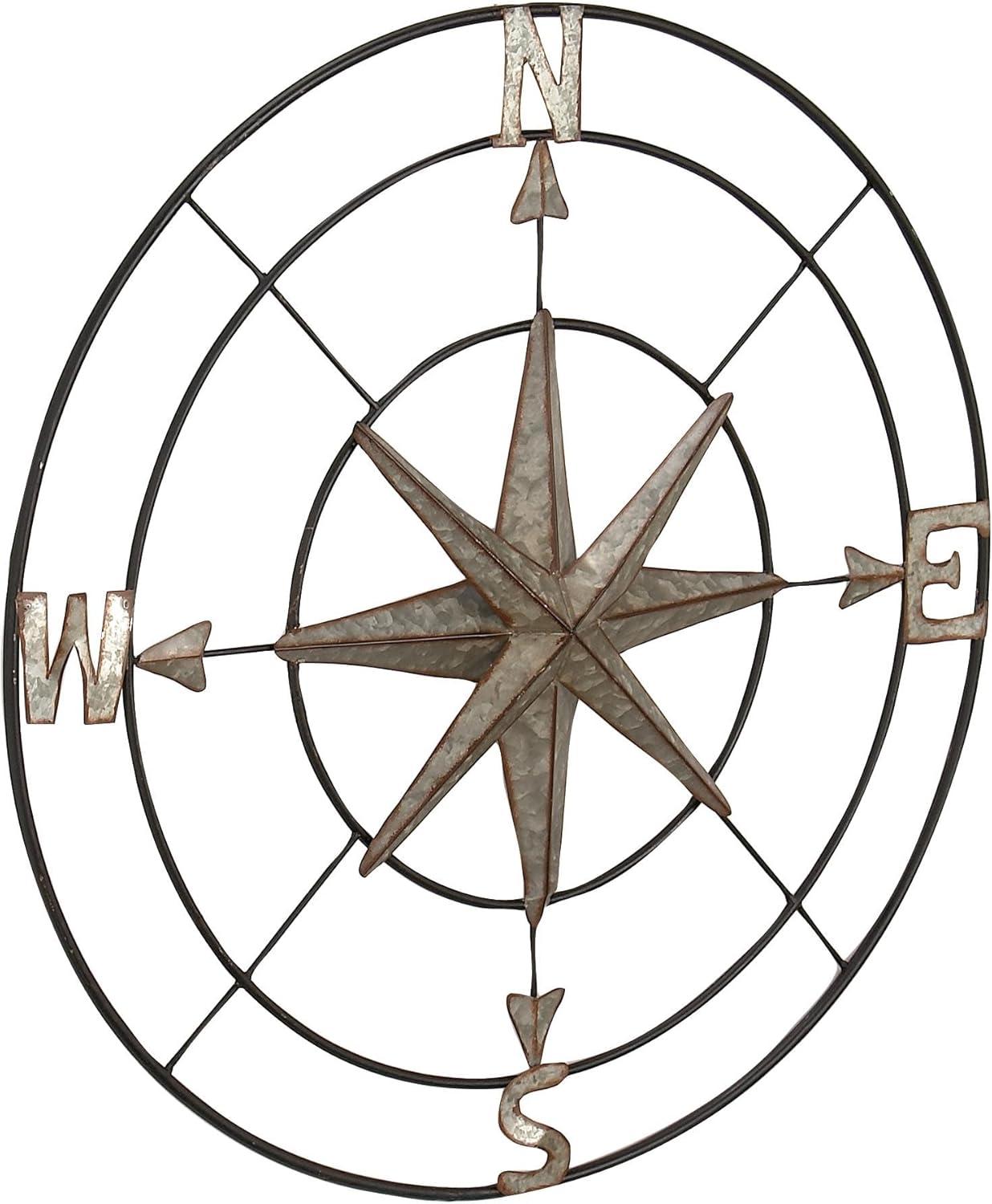 DecMode Farmhouse Metal Compass Shaped with 3D 8 Point Star Wall Décor, 32"D with Metallic Silver Galvanized Finish