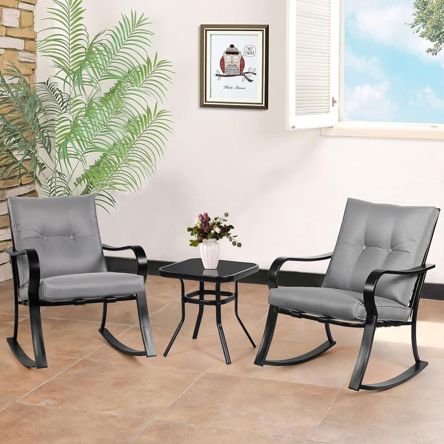 Crownland Outdoor Rocking Chairs Patio Furniture 3 Piece Patio Set Bistro Table Set Black Iron with Thickened Cushions and Glass Coffee Table, Grey