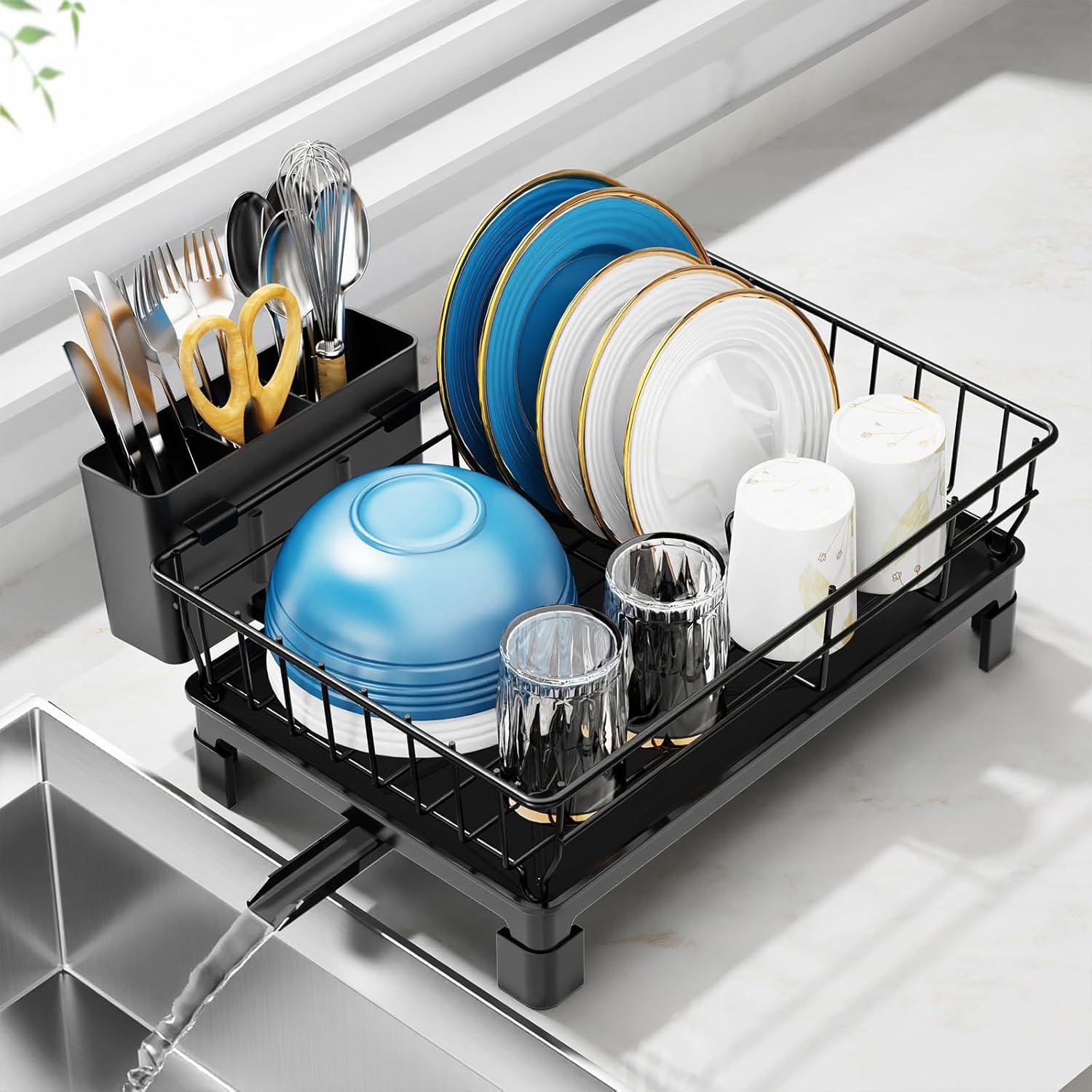 iSPECLE Dish Drying Rack with Drainboard - Compact Dish Racks for Kitchen Counter or in Sink, Small Dish Drainer with Utensil Holder and Drain Spout, Black