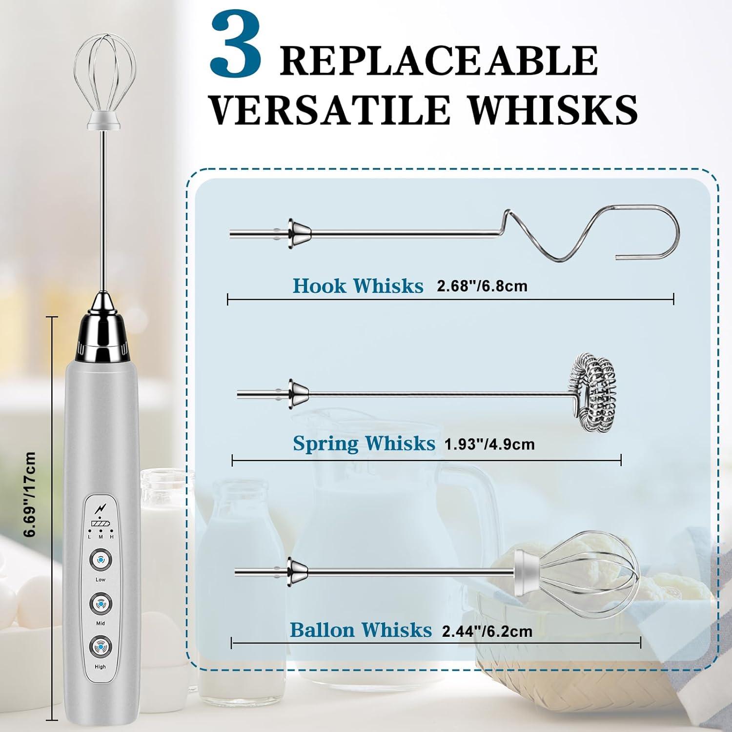 Silver Rechargeable Handheld Milk Frother with 3 Whisks