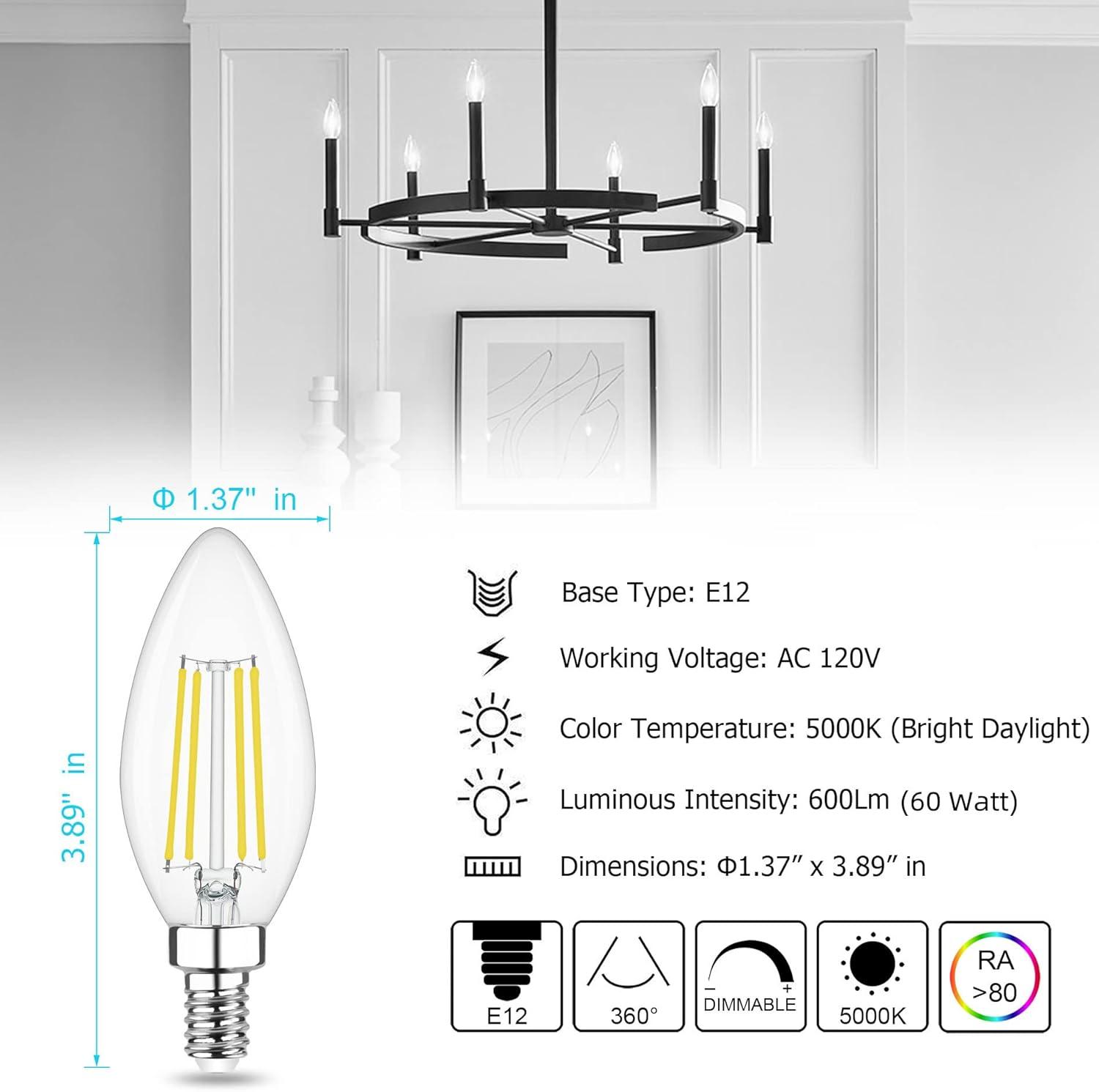 Dimmable Warm White LED Filament Chandelier Bulbs, 6-Pack