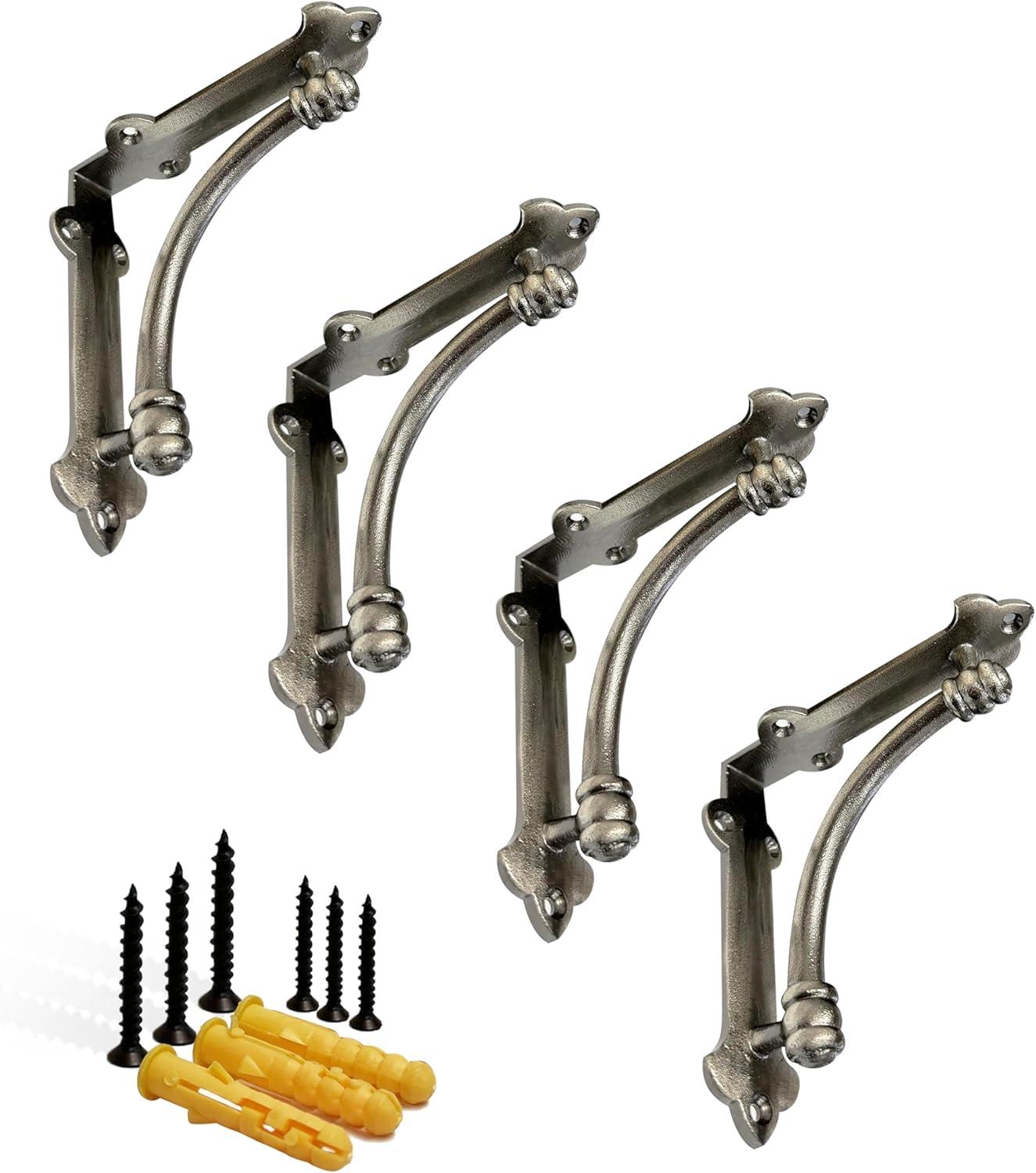 NACH Decorative Shelf Brackets, 4 Pack of 5.25 x 1.25 x 5.25 inch Antique Metal Cast Iron Shelf Brackets - Decorative Brackets for Mounting - Industrial Style Brackets