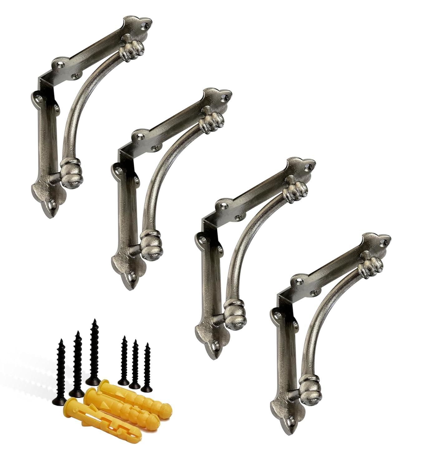 NACH Decorative Shelf Brackets, 4 Pack of 5.25 x 1.25 x 5.25 inch Antique Metal Cast Iron Shelf Brackets - Decorative Brackets for Mounting - Industrial Style Brackets