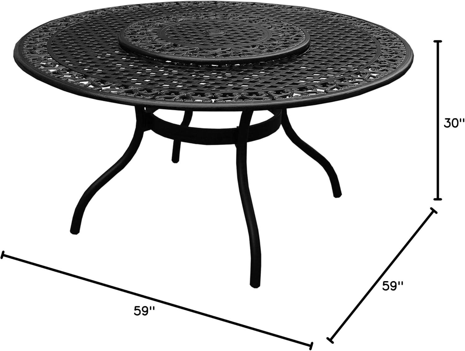 Black Aluminum 59-Inch Round Patio Dining Table with Lazy Susan