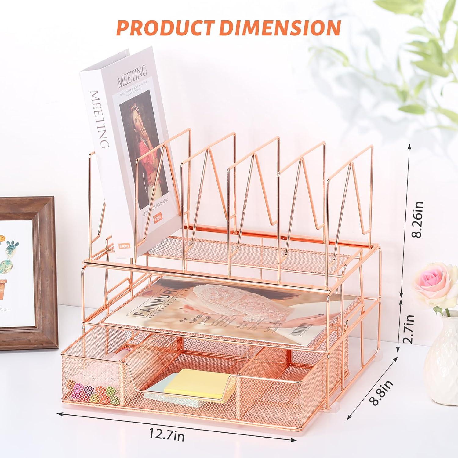 Desk Organizers and Desk Accessories - Rose Gold Desk Organizer with File Sorters, File Organizer with Drawer, Desk Accessories & Workspace Organizers for School Office Supplies