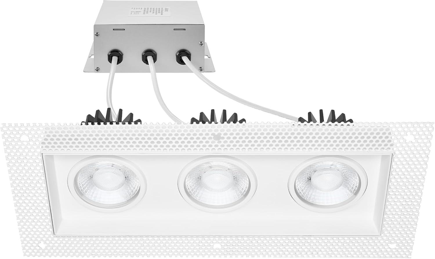 Maxxima 4 in. 3 Head Trimless LED Slim Square Recessed Anti-Glare Gimbal Downlight, White, Canless IC Rated, 3000 Lumens, 5 CCT 2700K-5000K