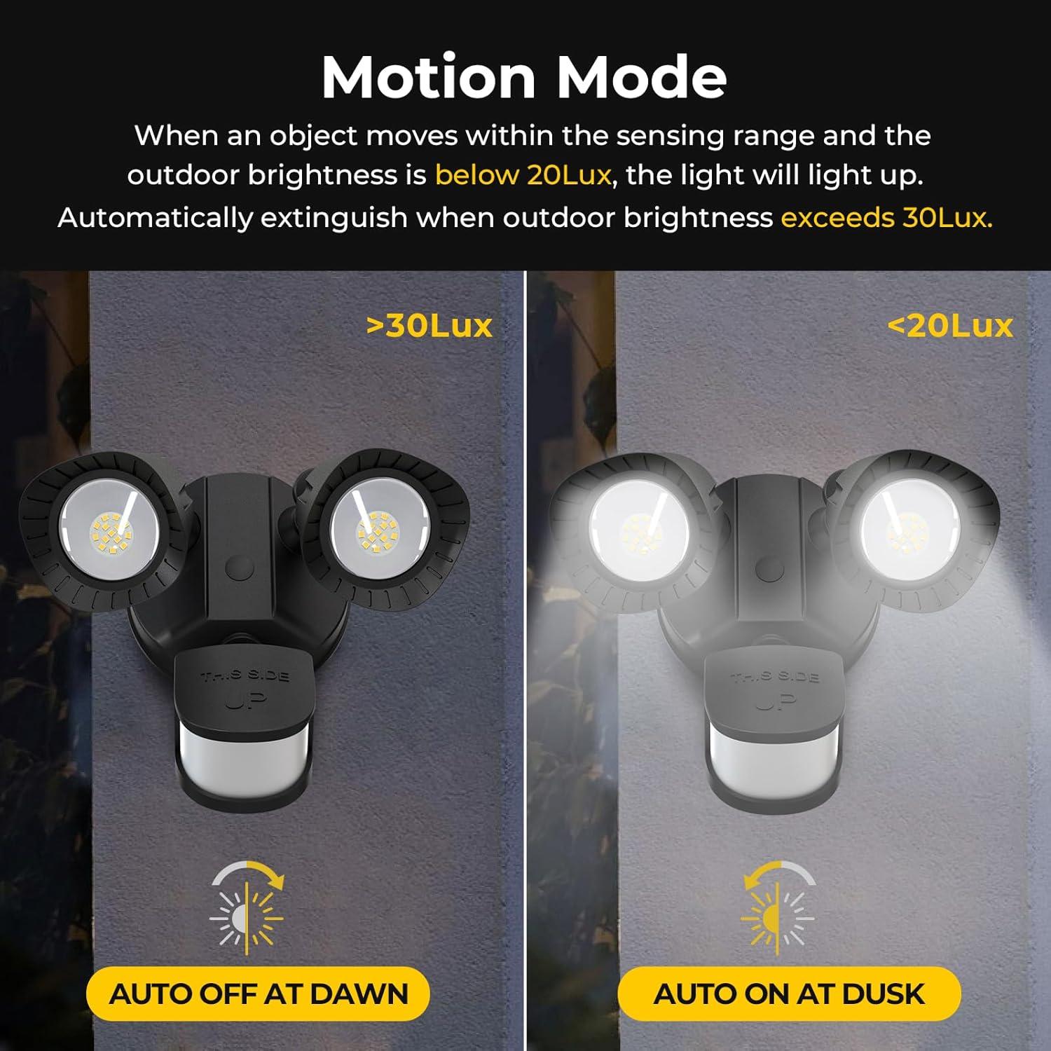 R.W.FLAME LED Flood Motion Sensor Outdoor Lights, 24W 1800LM 5000K IP54 Waterproof, 5 Lighting Modes, 4 Lighting Durations, 3 Detection Distances, for Garage, Yard, Porch, Black.
