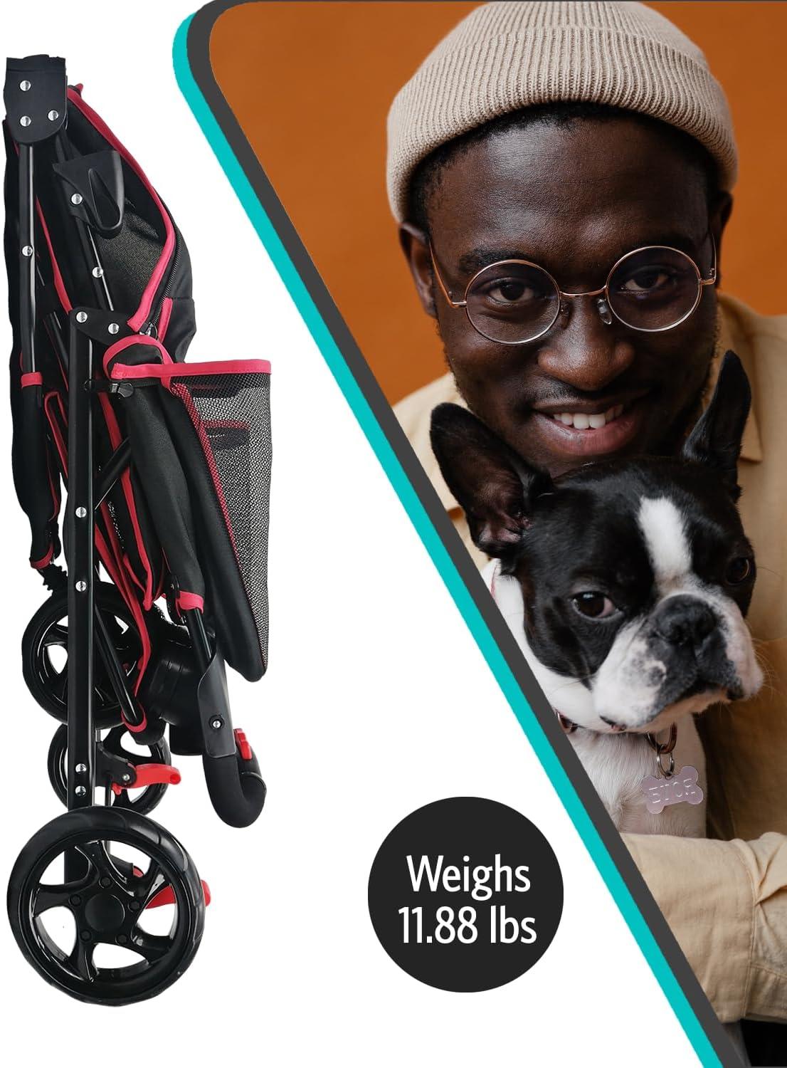 Black and Red Foldable Pet Stroller with Mesh Cover