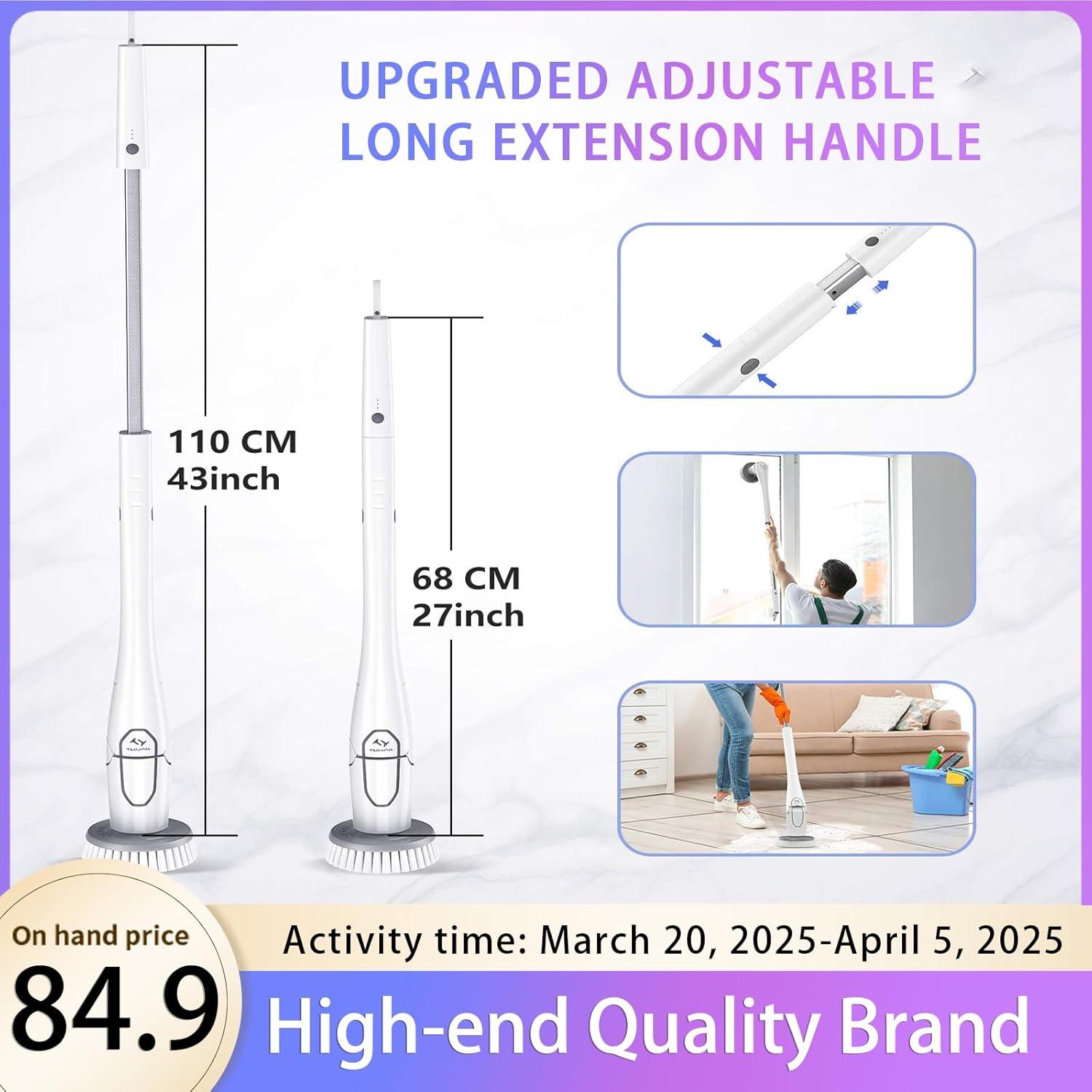 Tilswall Cordless Electric Spin Scrubber - IPX7 Waterproof Cleaning Brush with 180Min Runtime & 43" Extendable Handle, Ideal Gift for Home/Bathroom/Car (Includes 4 Brush Heads)