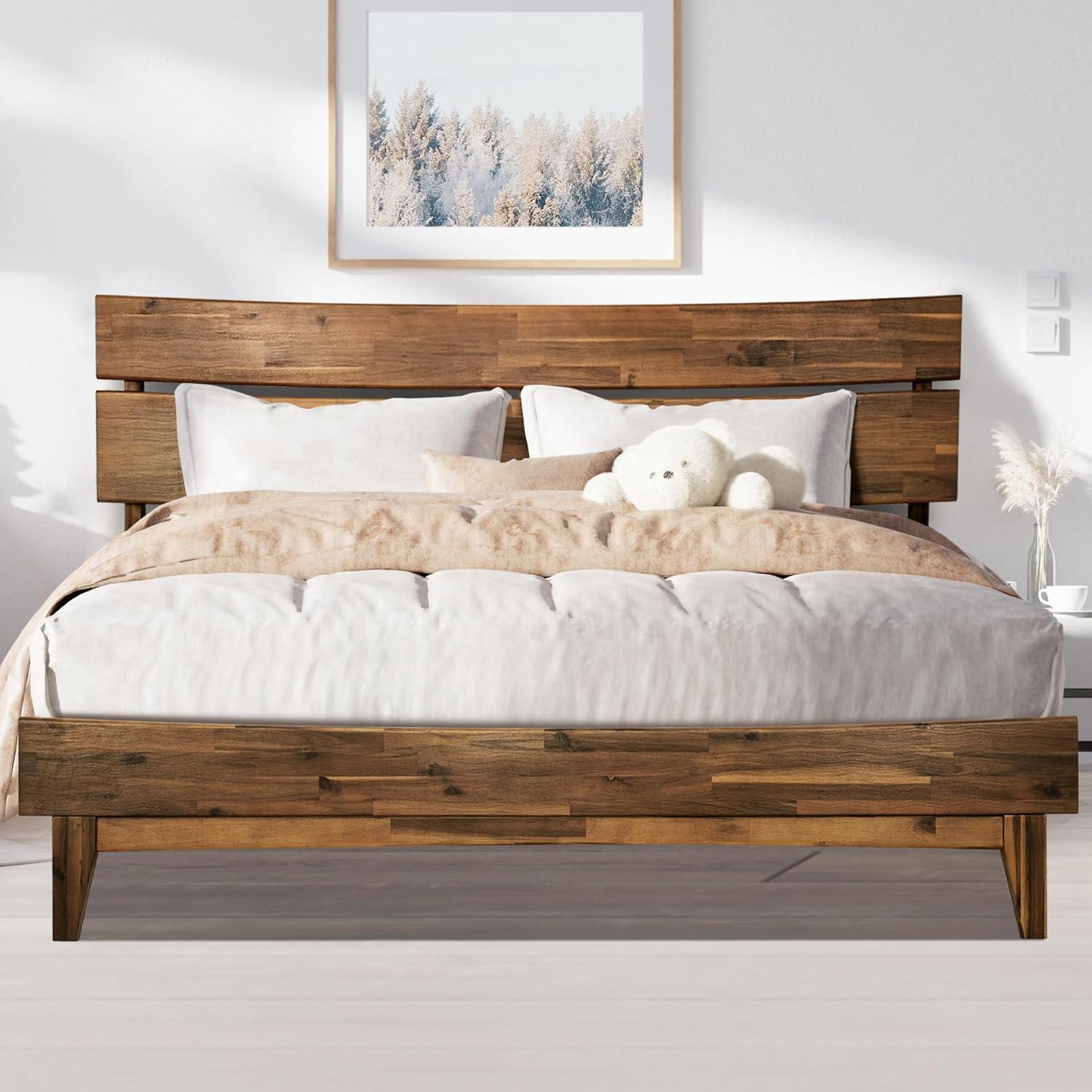 Acacia Aurora Premium Solid Wood Platform Bed Frame and High Headboard, Queen Bed Frame with Headboard, Mid Century Modern Bed with 5 years Warranty