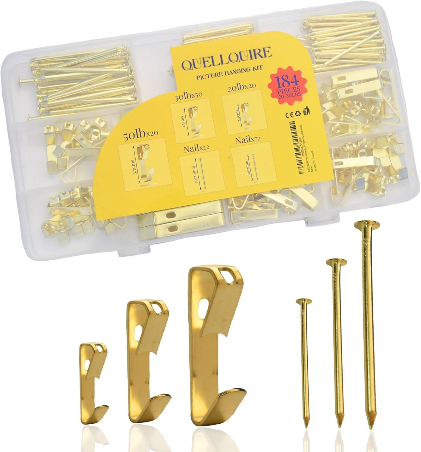 Picture Hanging Kit 184Pcs – Picture Hangers & Wall Hooks for Hanging – 20lb, 30lb, 50lb Wall Hangers with Metal Hooks and Nails for Drywall, Wood Walls & More(Gold)