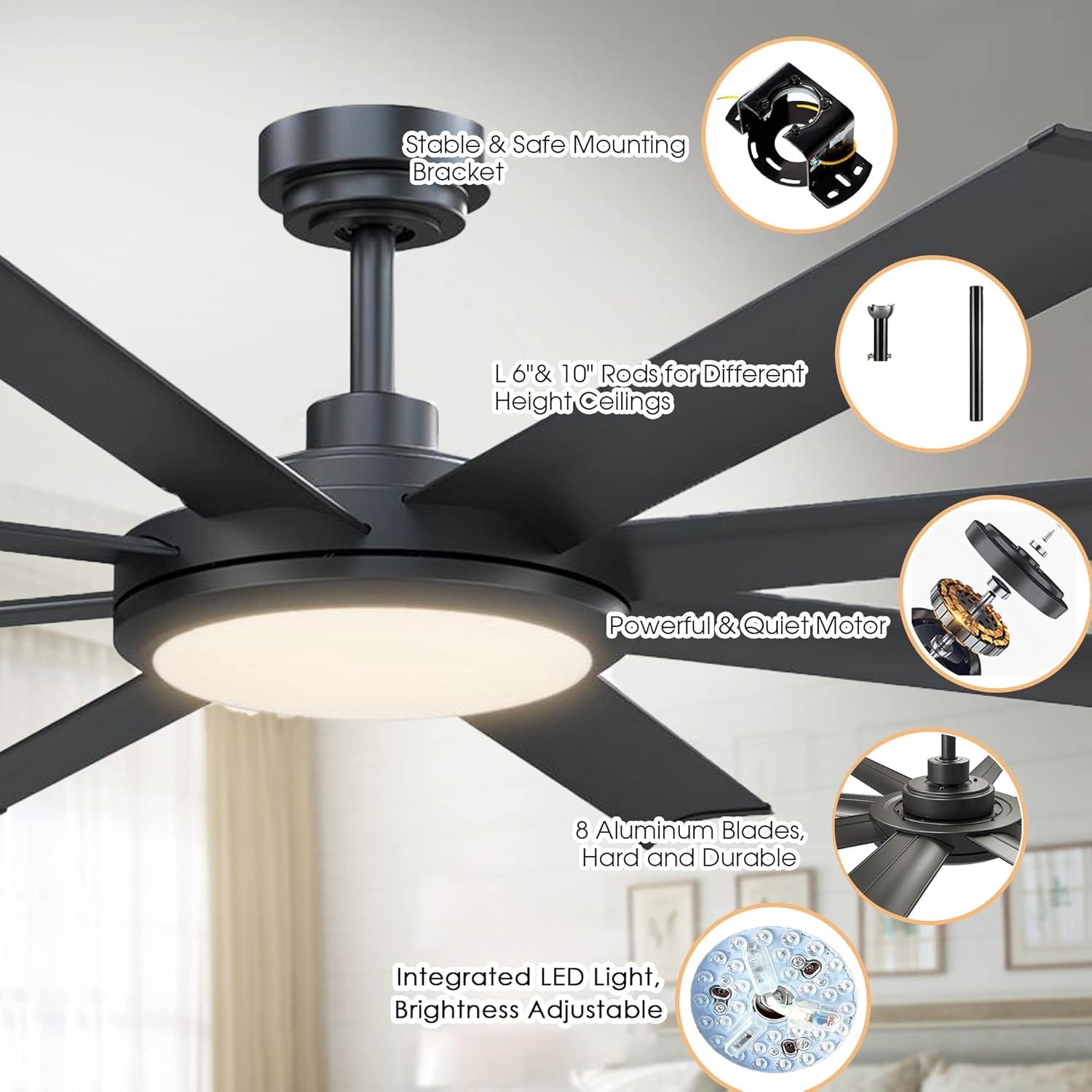 Ceiling Fans with Lights and Remote, 60 Inch Black Large Ceiling Fan for Bedroom Living Room, Modern Flush Outdoor Ceiling Fans LED Lighting, DC Motor Reversible 8 Blades, Ventilador de Techo con Luz