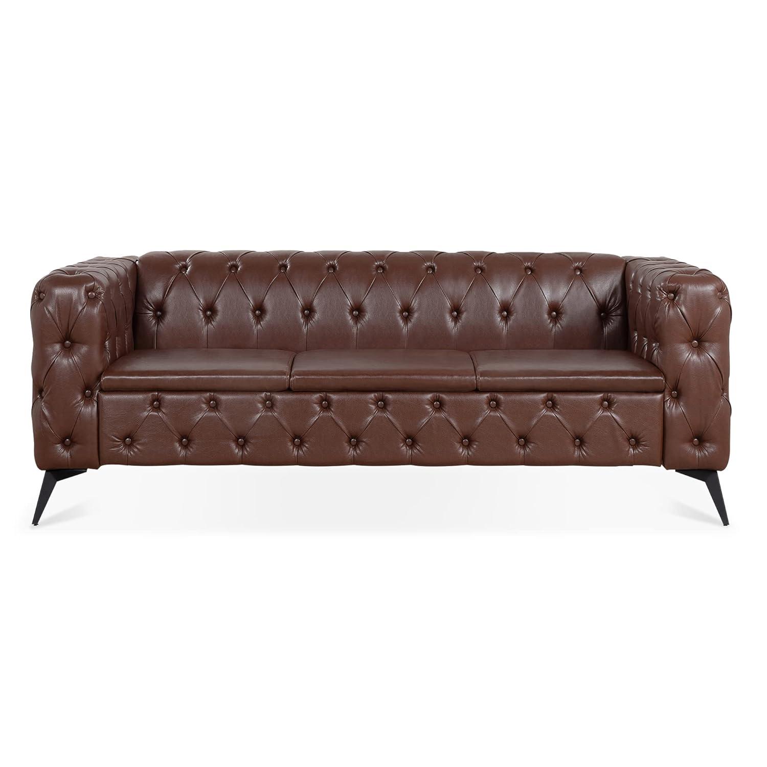QHITTY Chesterfield Tufted Sofa, Leather Couch Accent Upholstered 3 Seater Button Sofa with Tufted Back for Living Room Bedroom Furniture (Dark Brown)