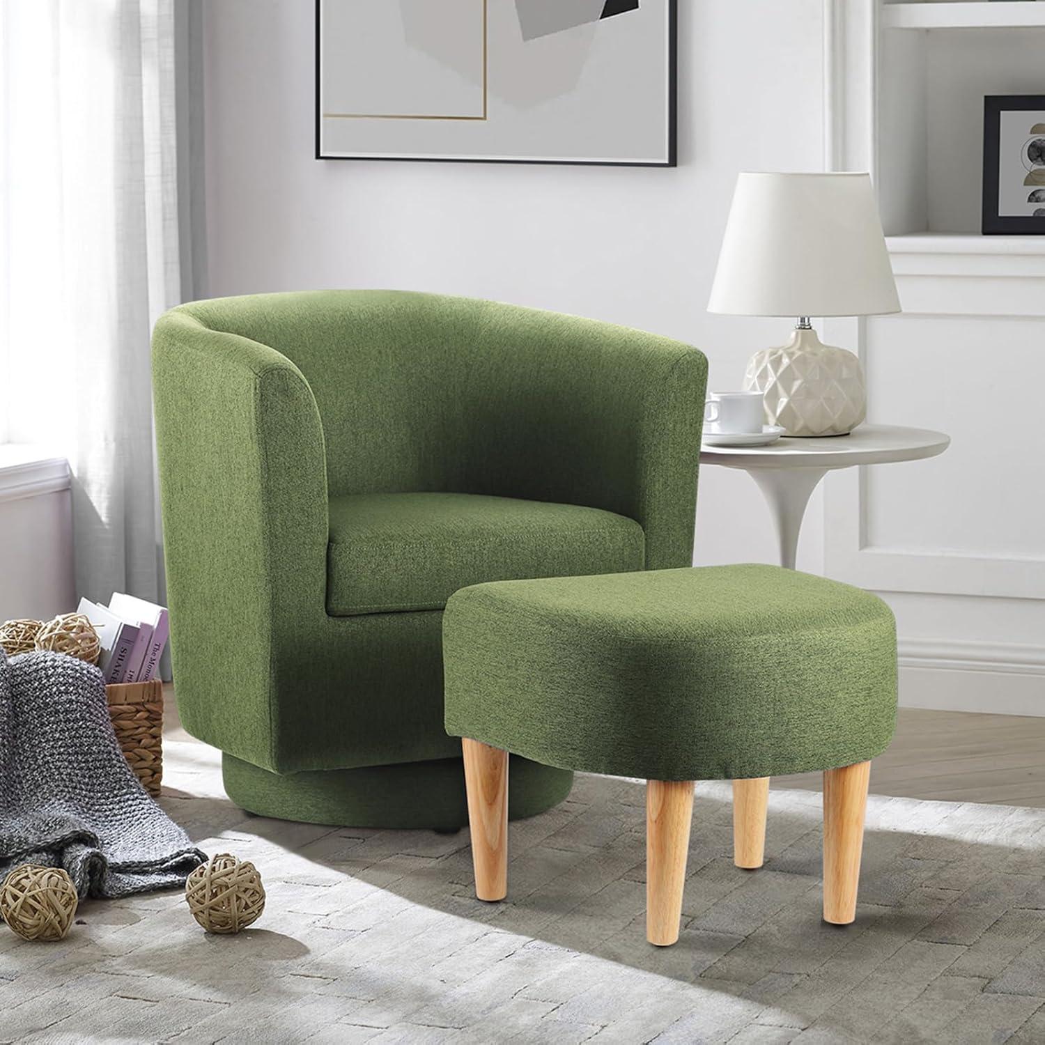 Green Velvet Barrel Swivel Accent Chair with Ottoman