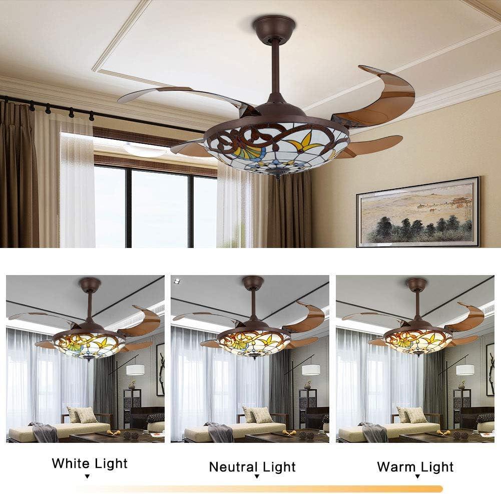 FETCOI 42"Tiffany Style Invisible Ceiling Fan with Lights and Remote Control Retractable Reverse Blades