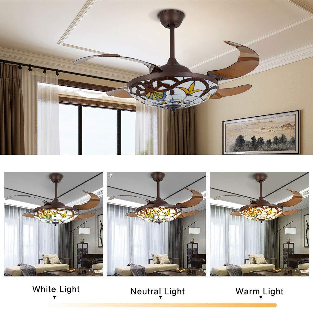 FETCOI 42"Tiffany Style Invisible Ceiling Fan with Lights and Remote Control Retractable Reverse Blades