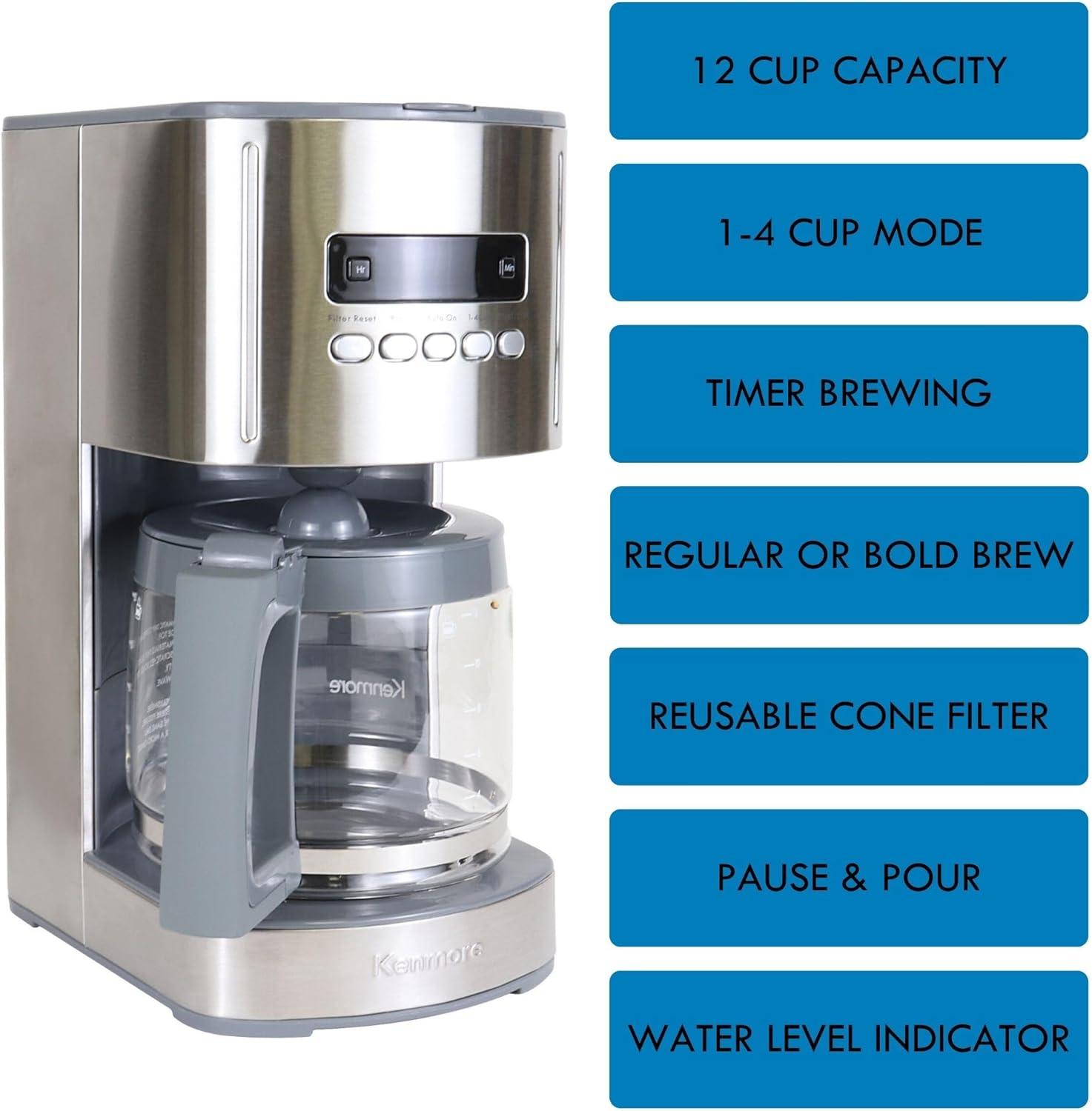 Kenmore Kenmore 12 Cup Programmable Coffee Maker, Stainless Steel, with Reusable Filter KKCM12S