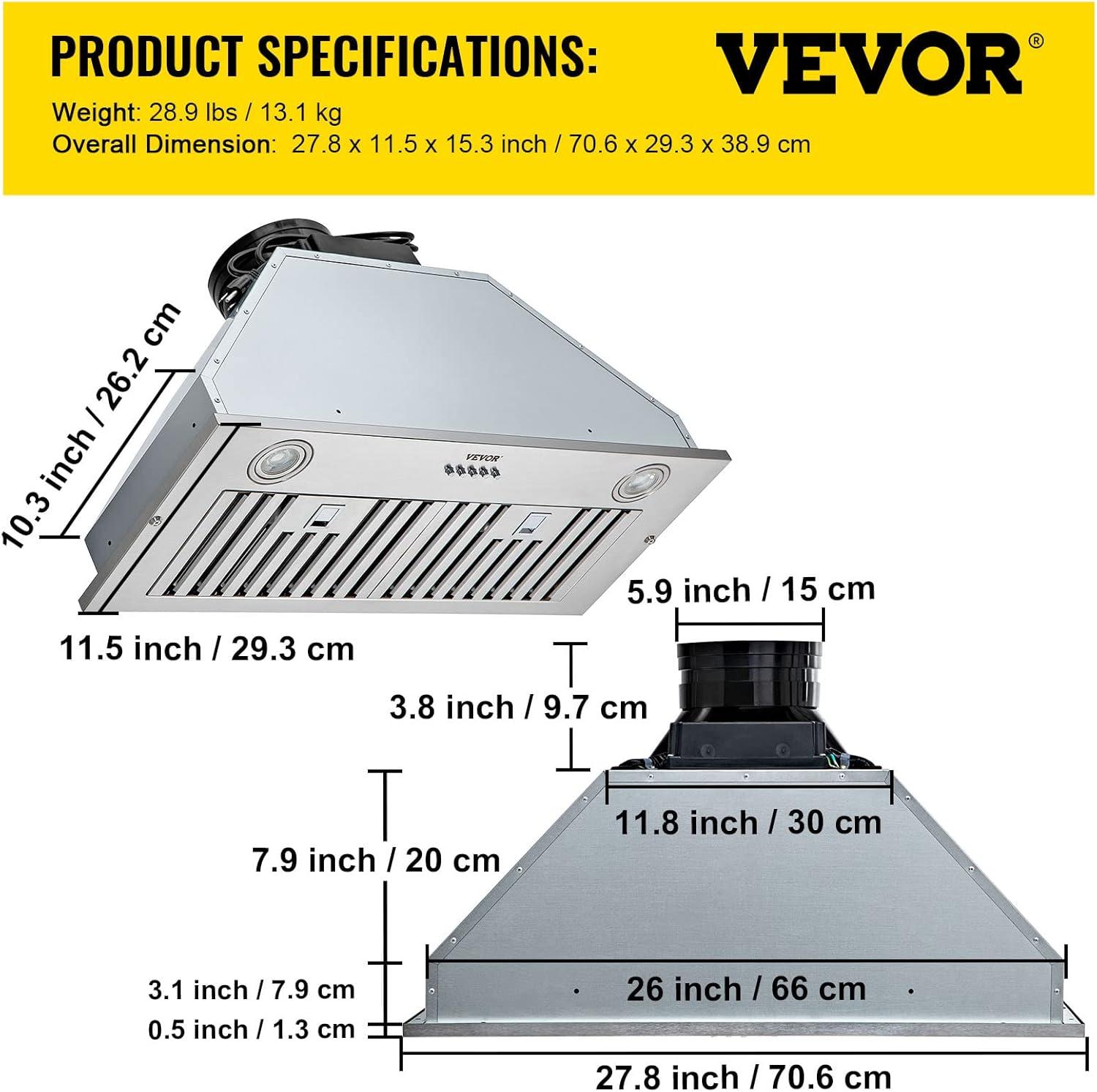 VEVOR 900-CFM 4-Speed 30-inch Ducted Insert Range Hood with Charcoal Filter and Light Included