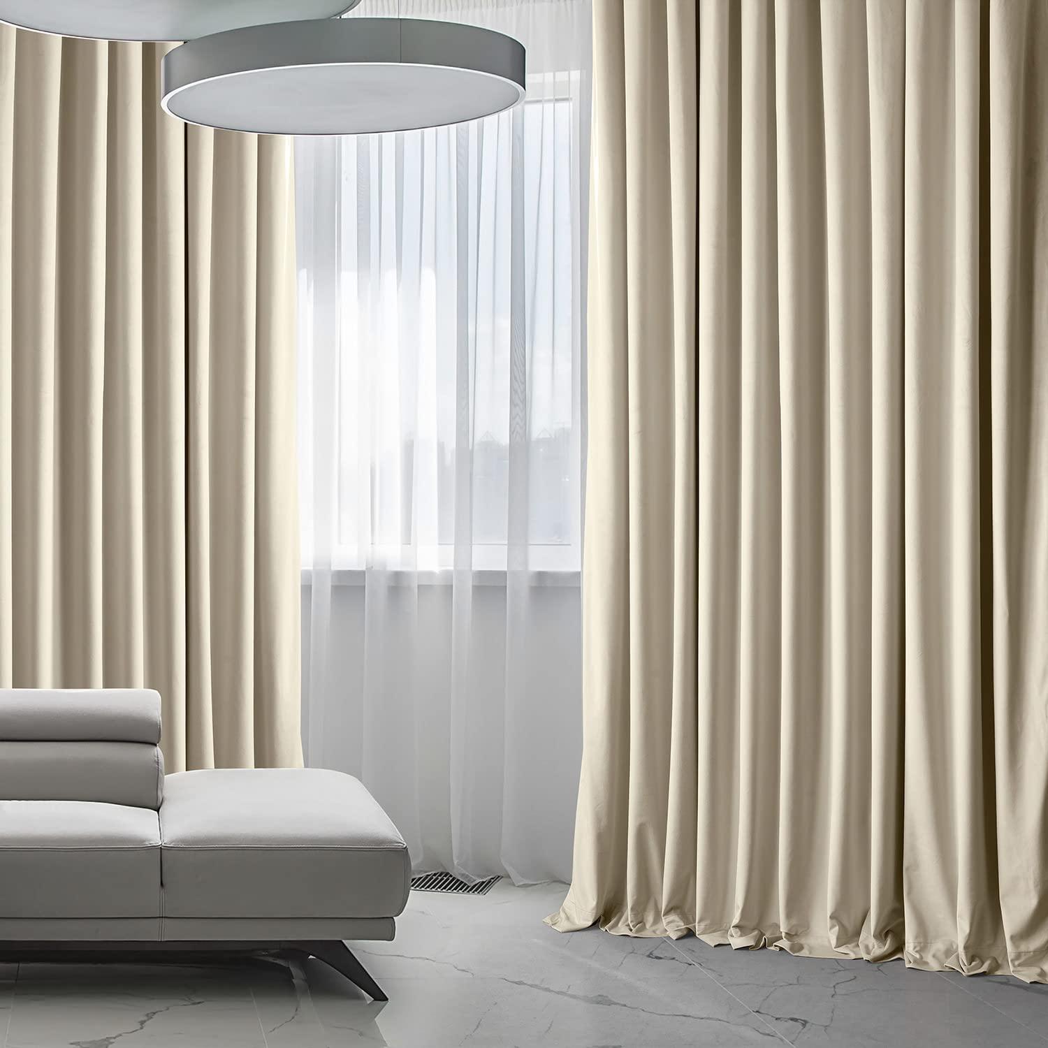 Half Price Drapes Extra Wide Signature Angora Beige Velvet Hotel Blackout Curtains(1 Panel), 100W X 84L