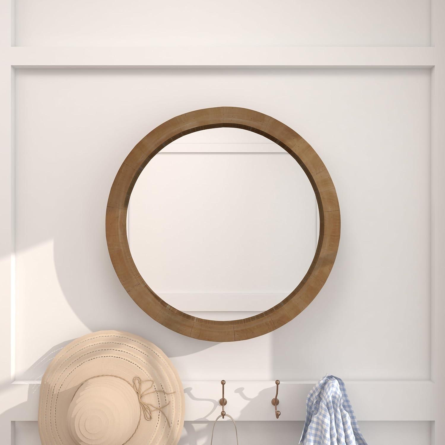 24" Round Natural Brown Wood Wall Mirror