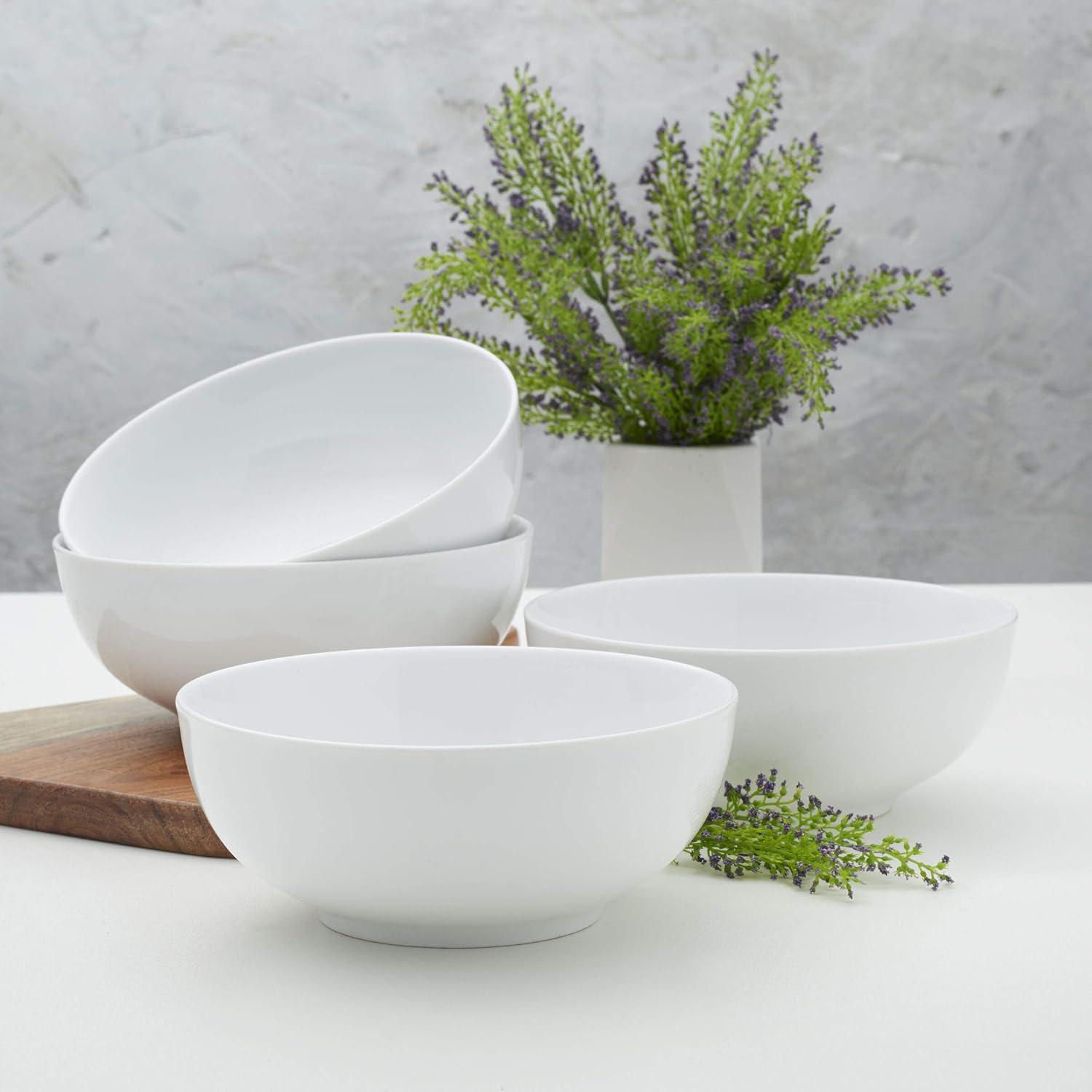 White Ceramic Round Soup and Cereal Bowls, Set of 4