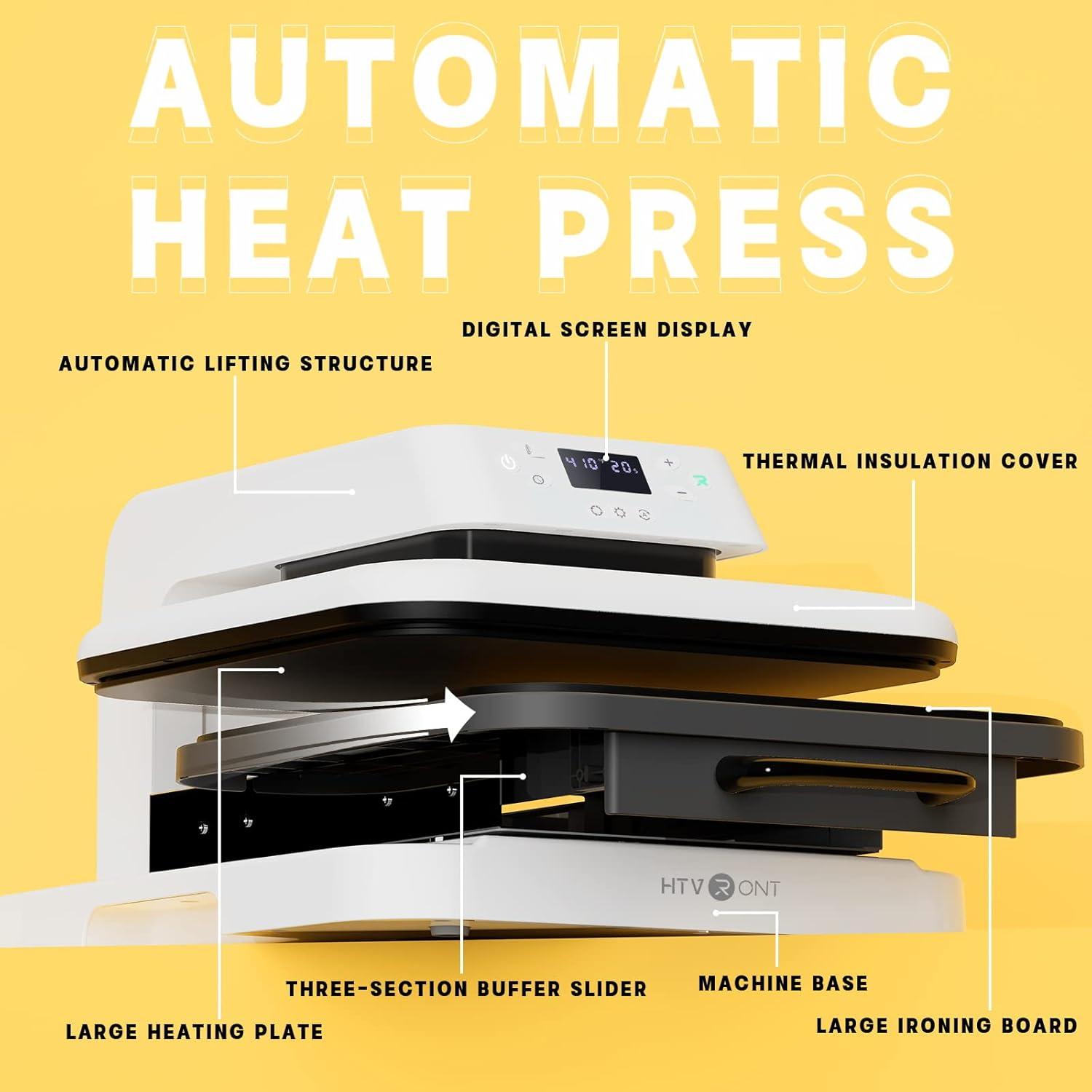 HTVRONT Automatic Heat Press Machine, Professional for Heat Transfer Projects, 15''x15'' Smart T-Shirt Press Machine with Auto Release-White