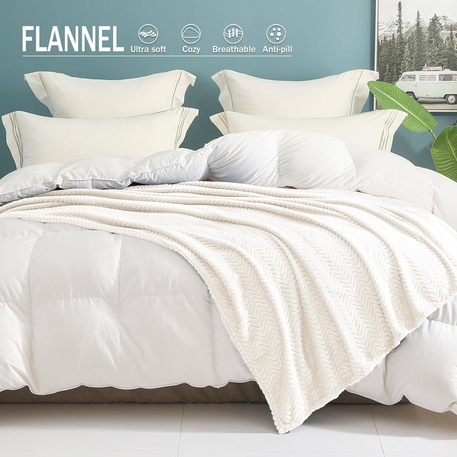 Exclusivo Mezcla Large Flannel Fleece Throw Blanket, Jacquard Weave Wave Pattern Blanket (50" x 70", Off White)